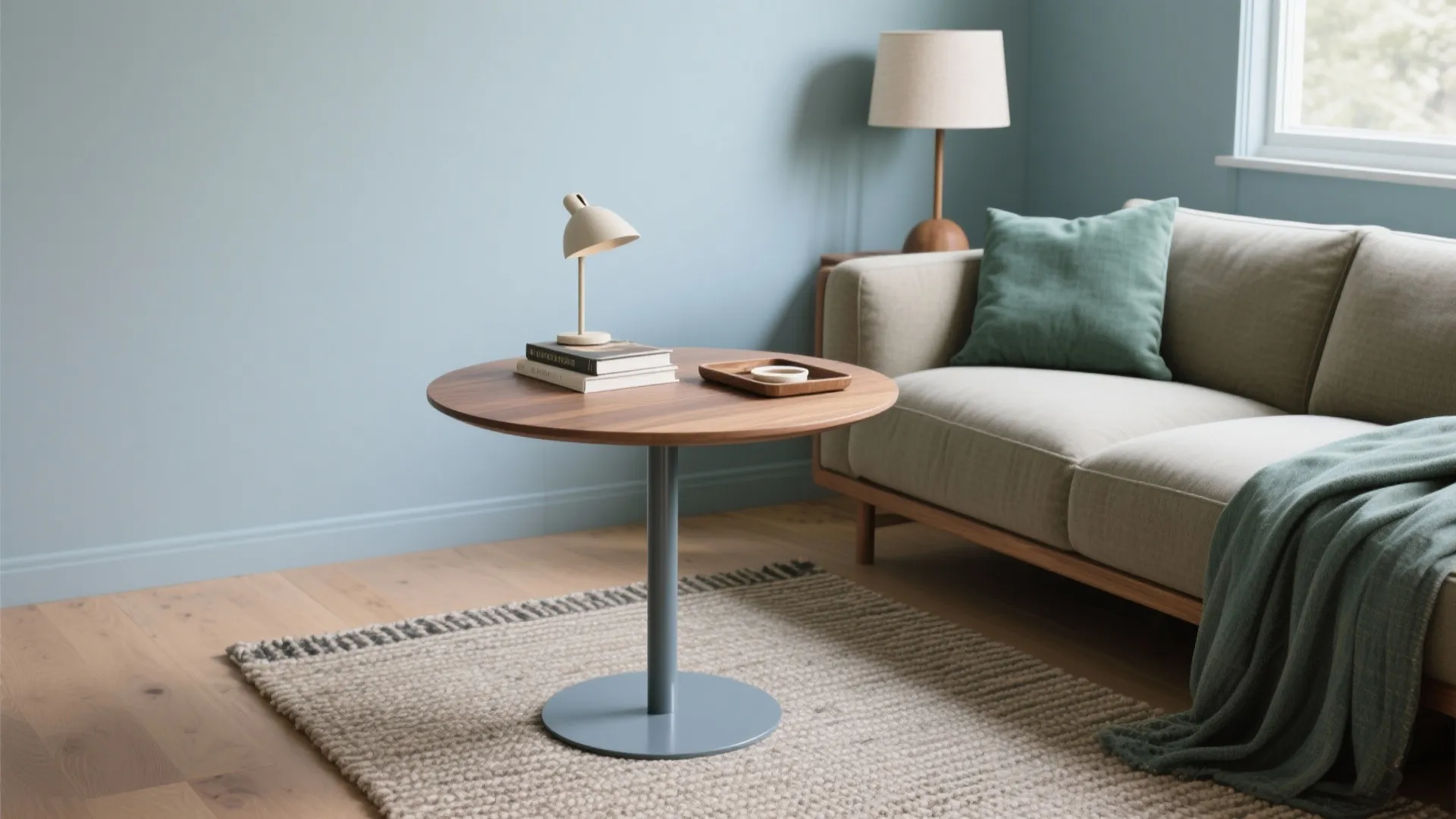 Modern round wooden table with books beside beige sofa on grey rug in blue room