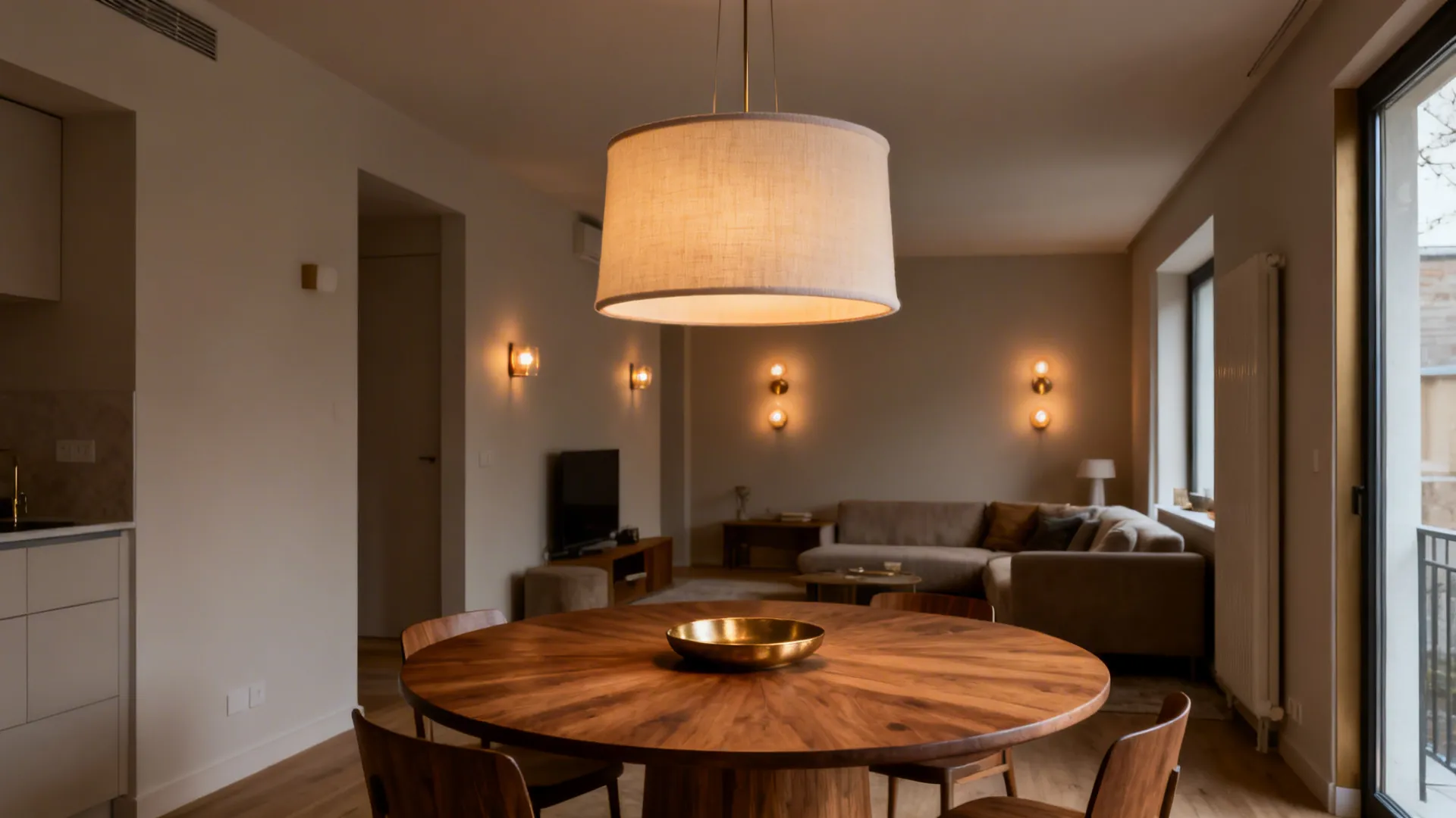Modern living room layout with round wooden dining table large ceiling light sofa and wall lights