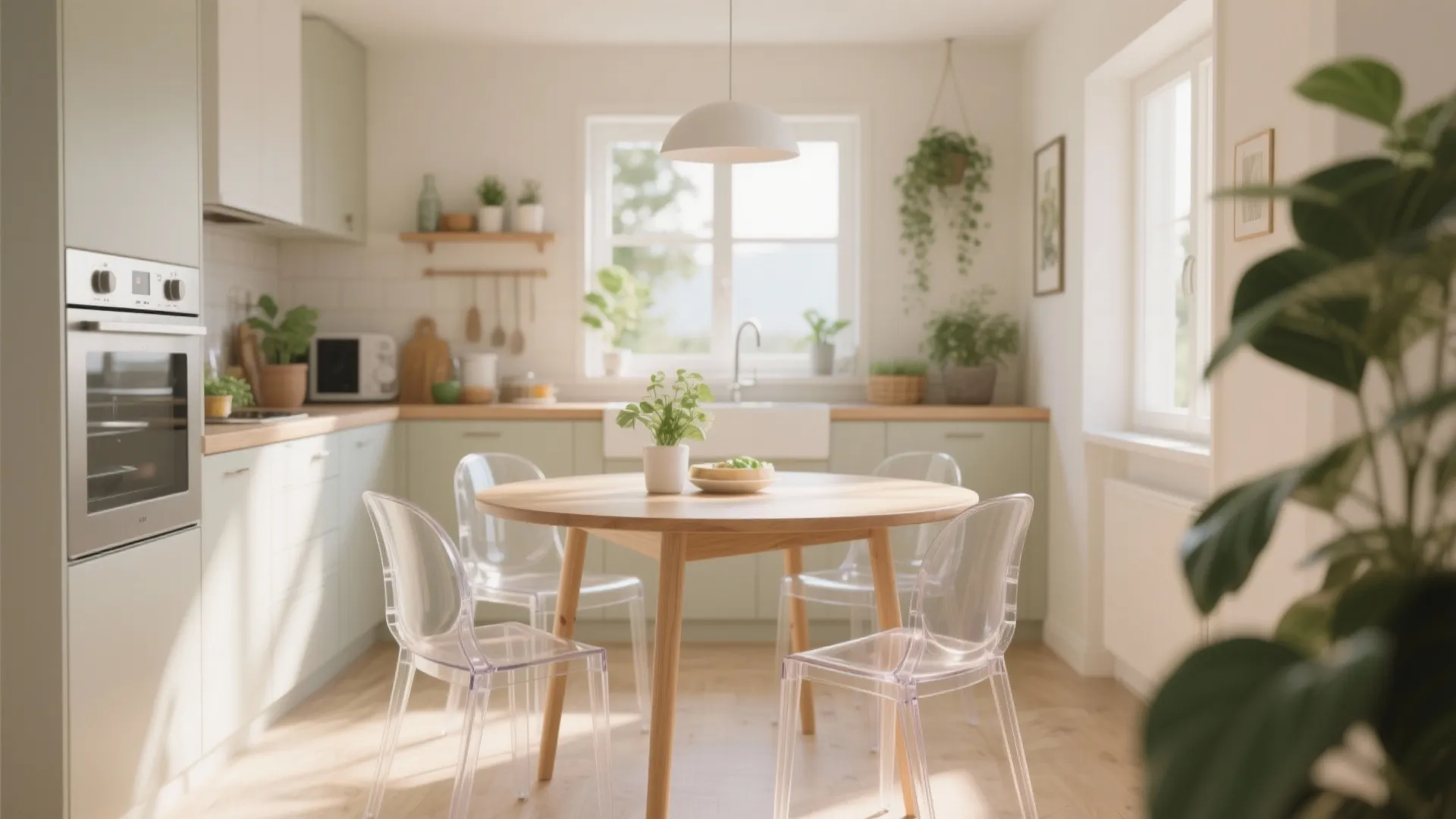 Small kitchen with a round wooden table and clear chairs
