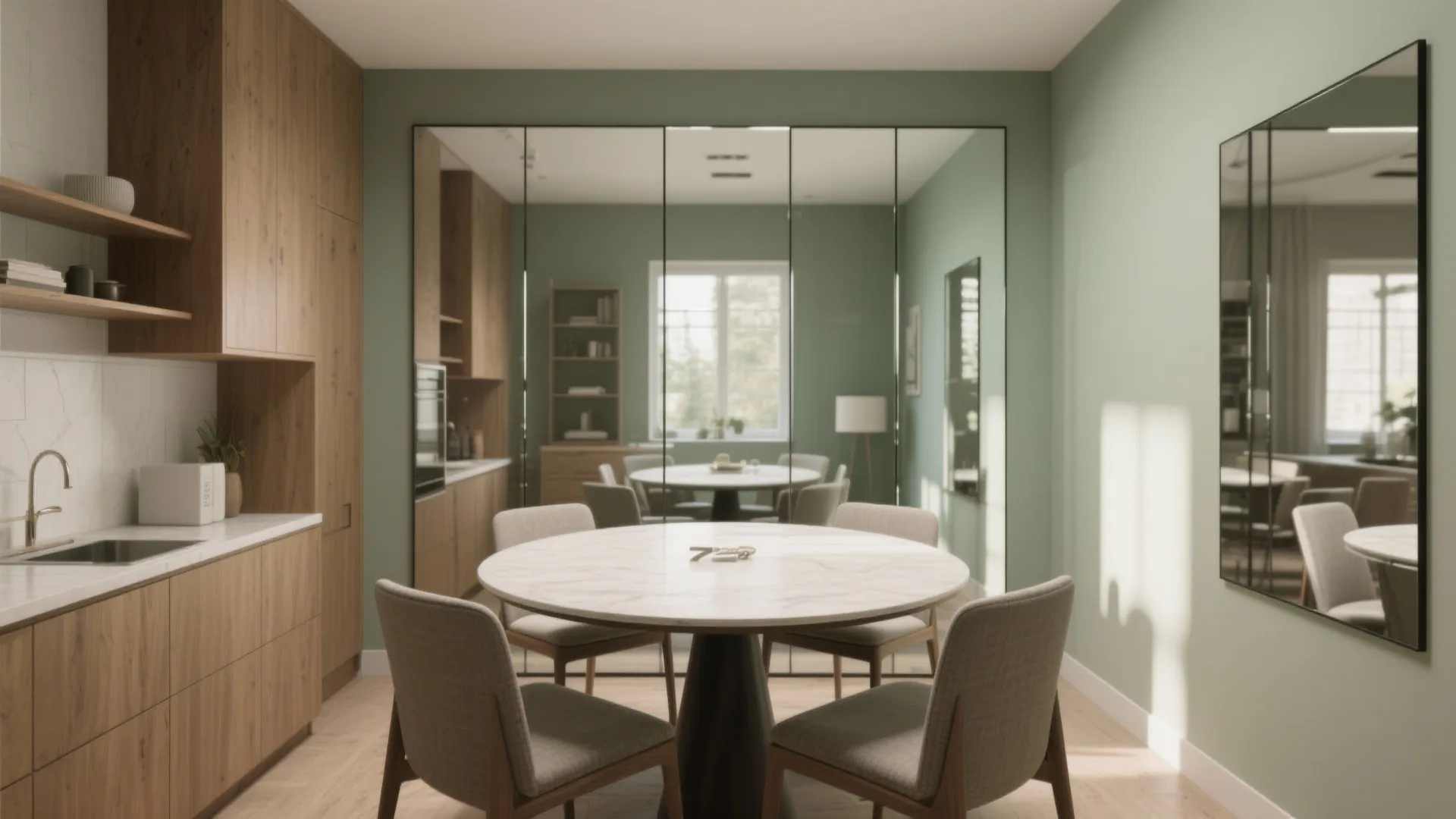 Dining area with round marble table grey chairs green walls large wall mirror and cabinet
