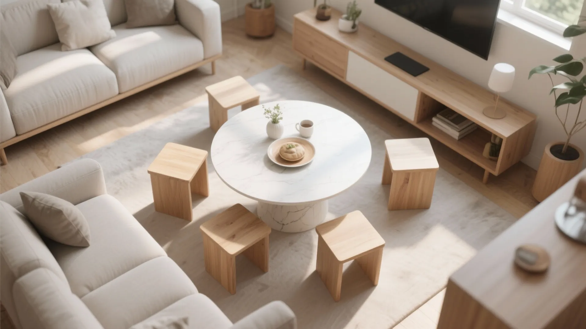 Minimalist living room with white marble round table surrounded by five small square wooden stools