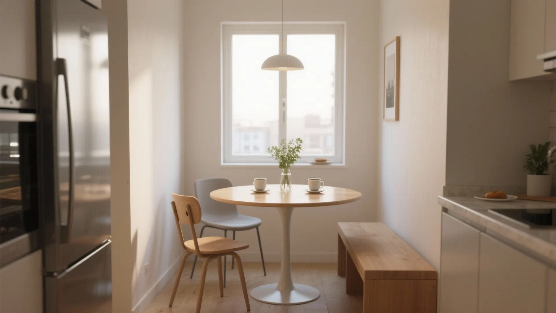 Small round wooden dining table in a narrow white kitchen with chairs and natural light