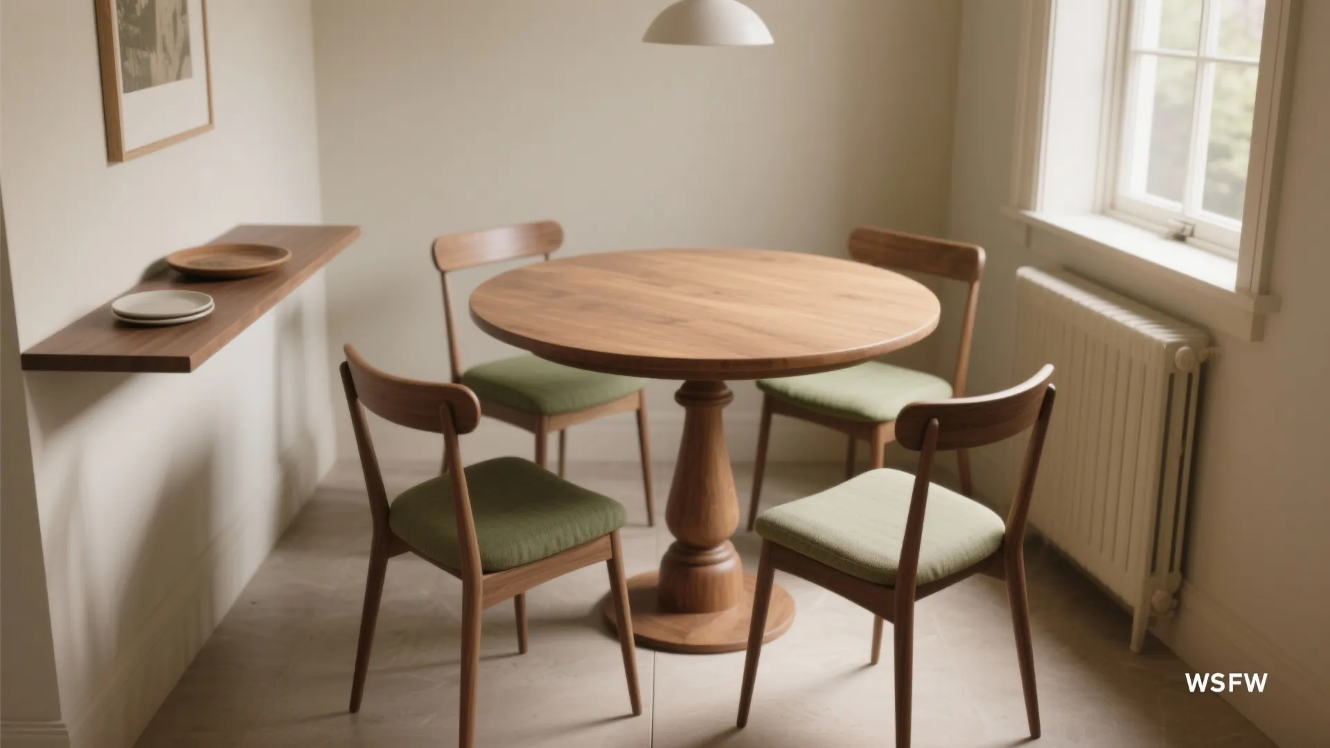 Round wooden dining table with four green chairs in a bright room with natural light