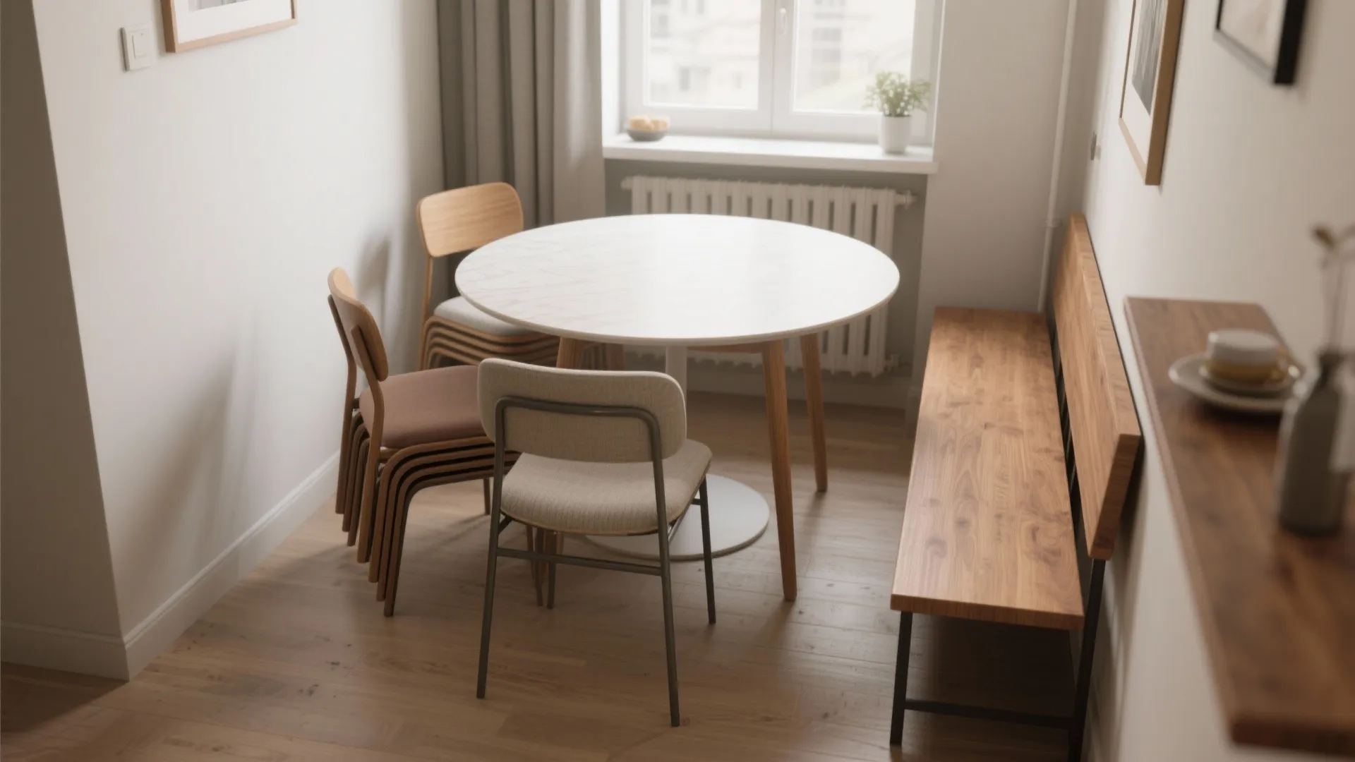 Small dining nook with a white round table wooden chairs wooden bench and a large window
