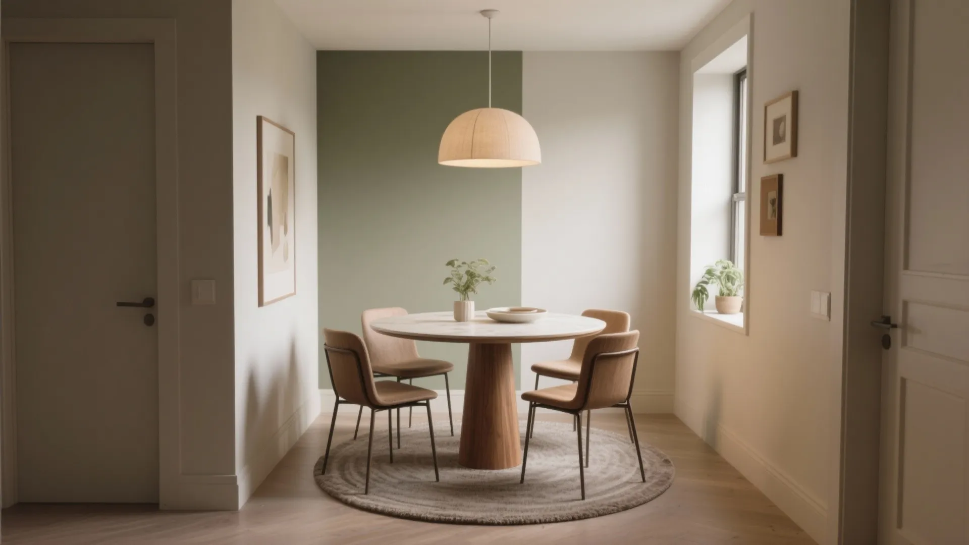 Modern dining area with round wooden table four tan chairs beige ceiling light and green wall