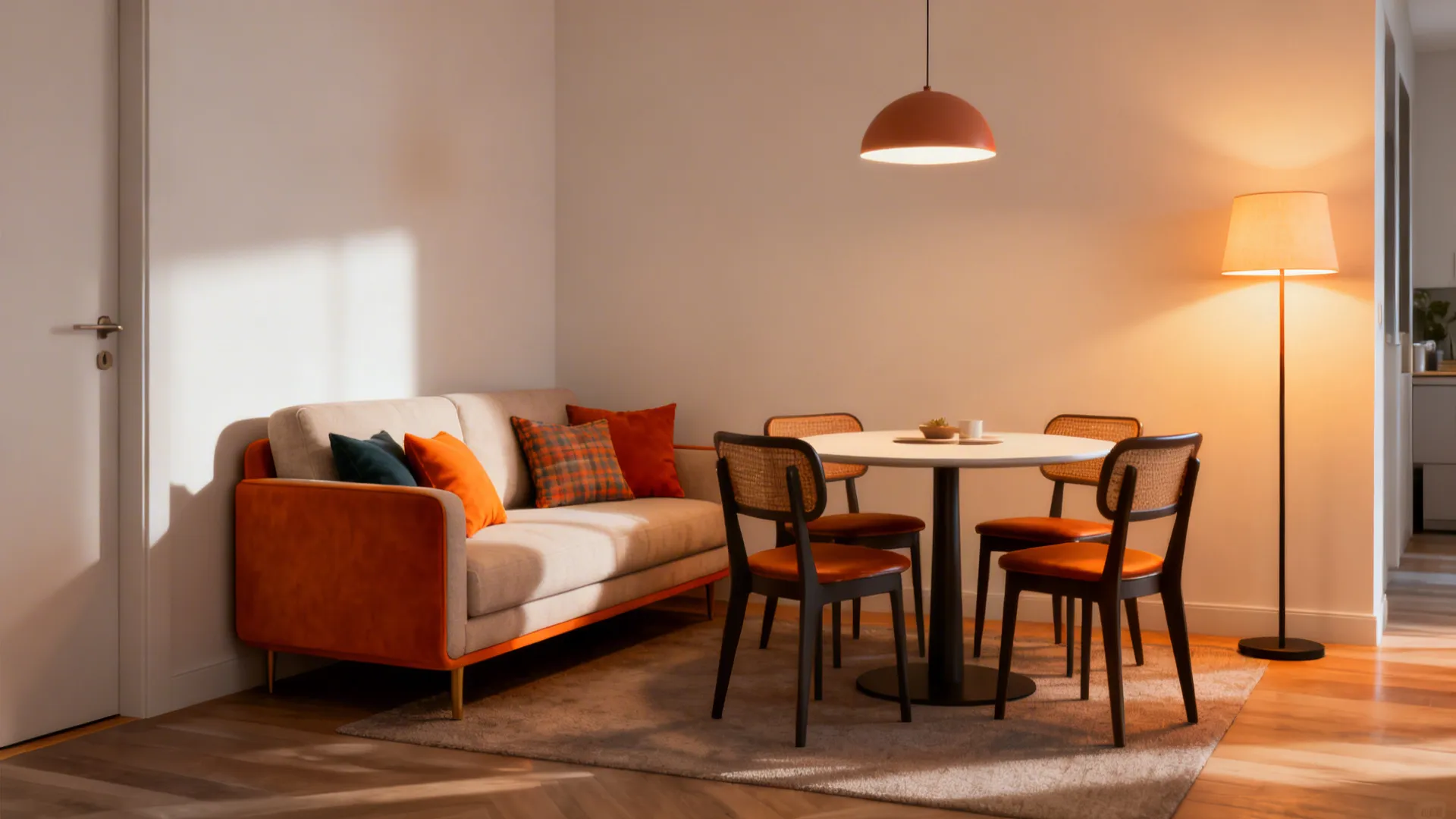 Modern dining nook with orange sofa four chairs round table ceiling light and a floor lamp
