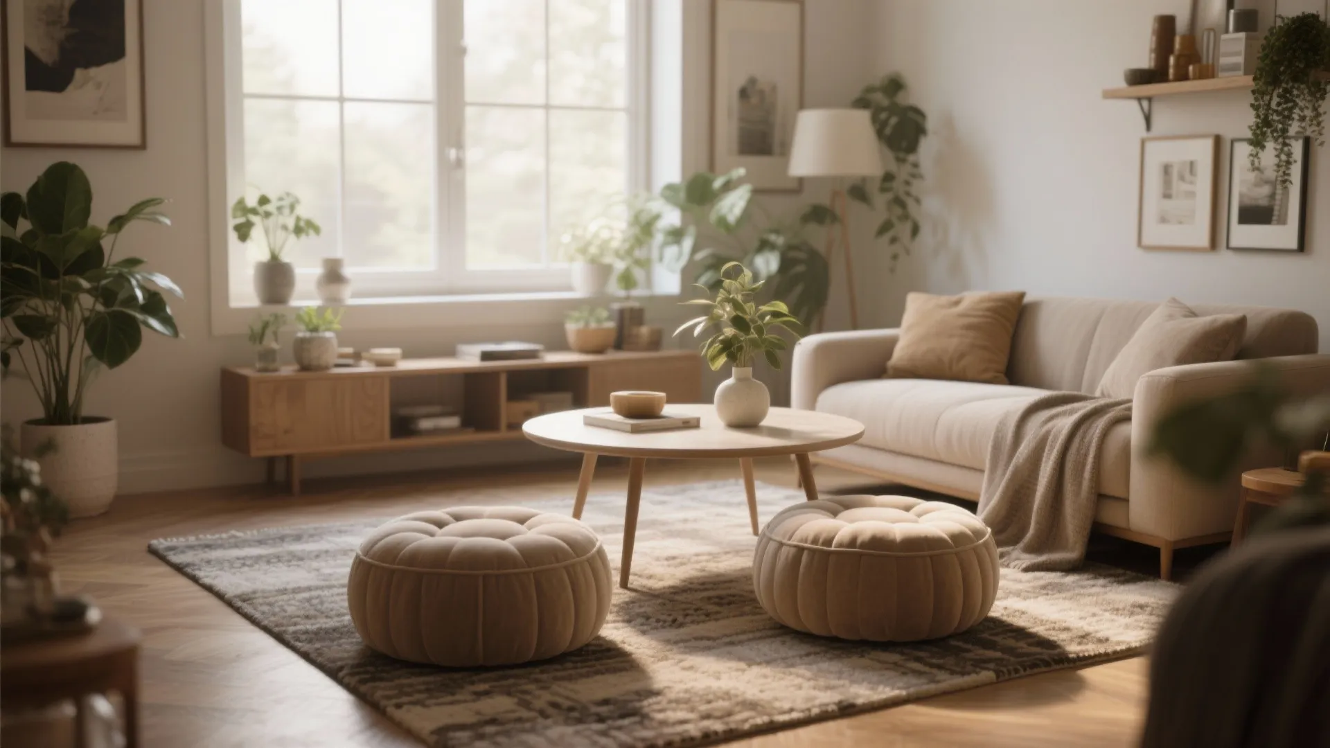 3. Round coffee table with two ottomans