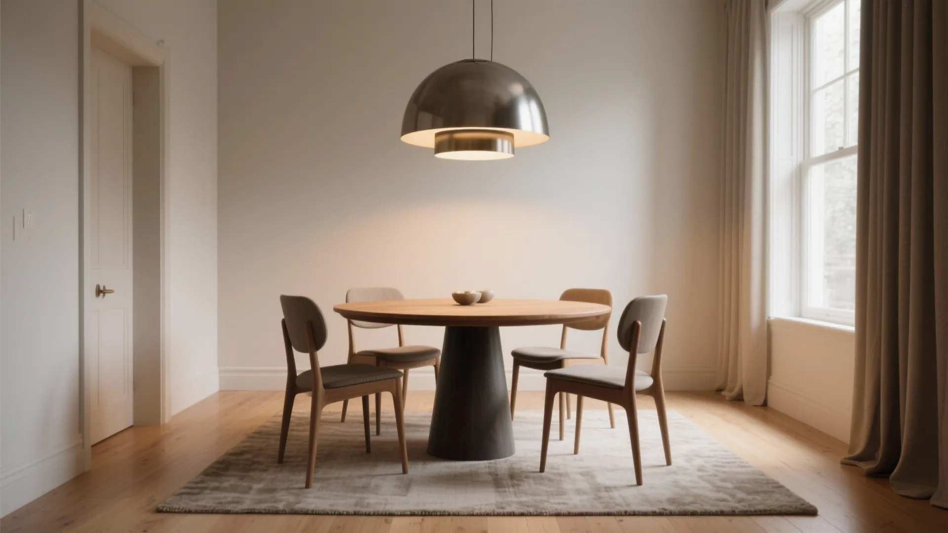 Minimalist dining area with round wooden table and grey chairs under a large ceiling light