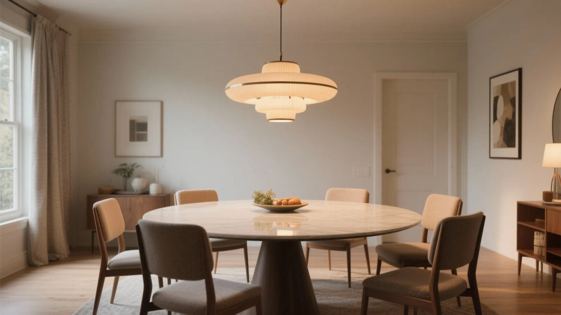Round marble dining table with grey chairs under a large white ceiling light in bright room