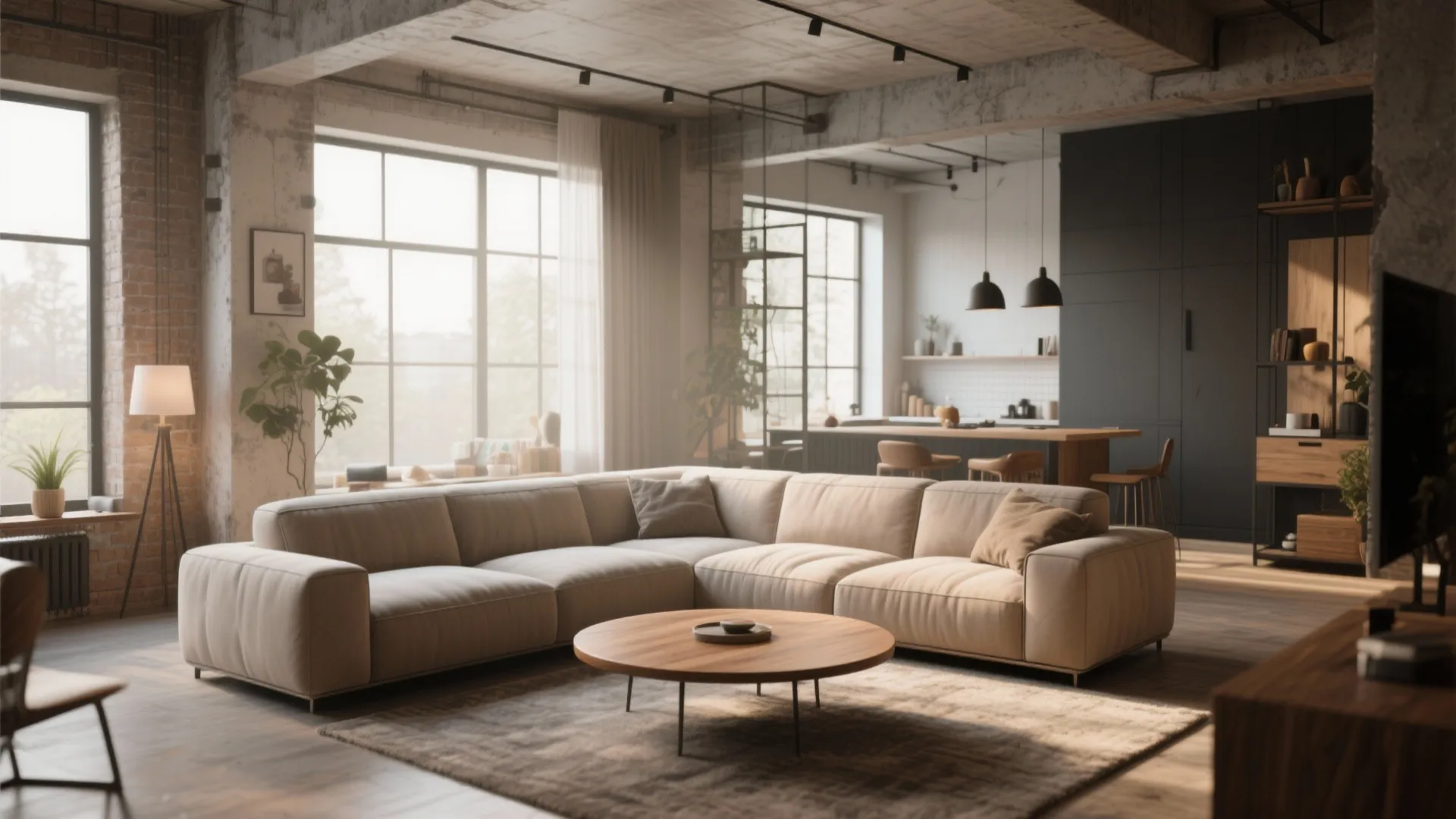 Industrial loft living area with beige sectional sofa, round wooden coffee table, and big windows