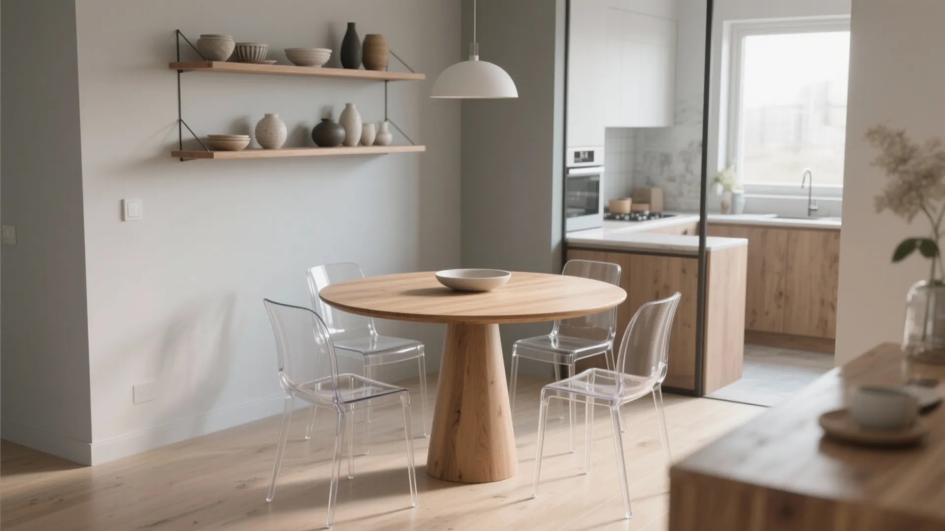 3. Round tables, floating shelves and visual breathing room