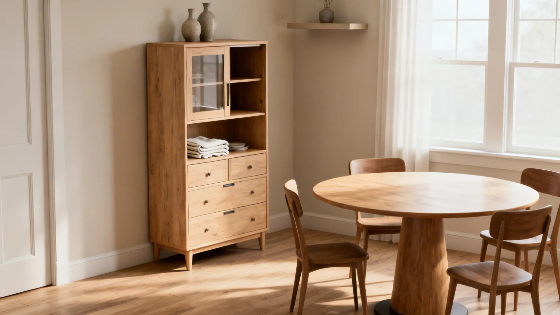 Round dining table with a sideboard-height china cabinet creating open sightlines.