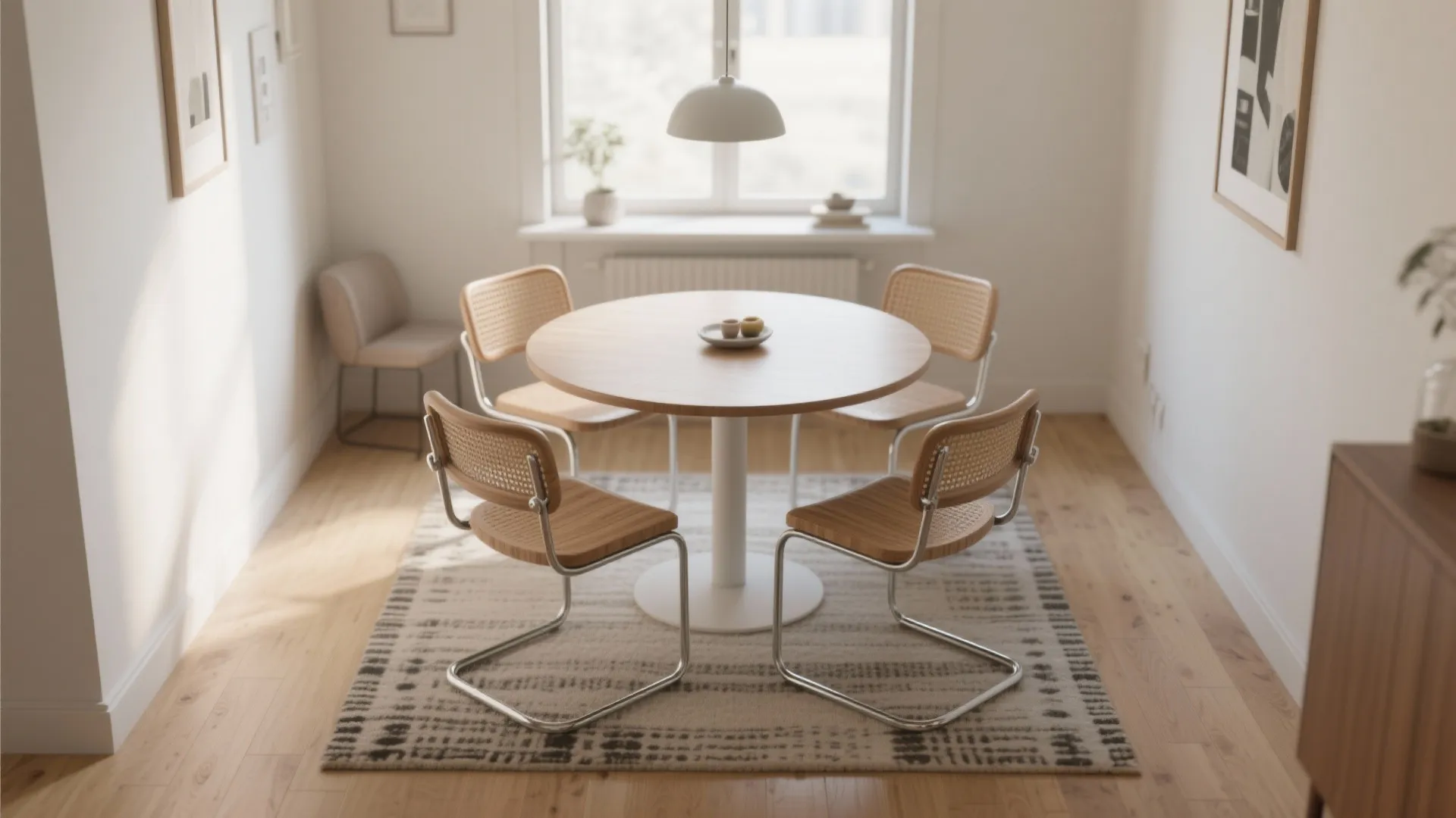 36–44 inch round table with slim armless chairs in a bright compact dining room.