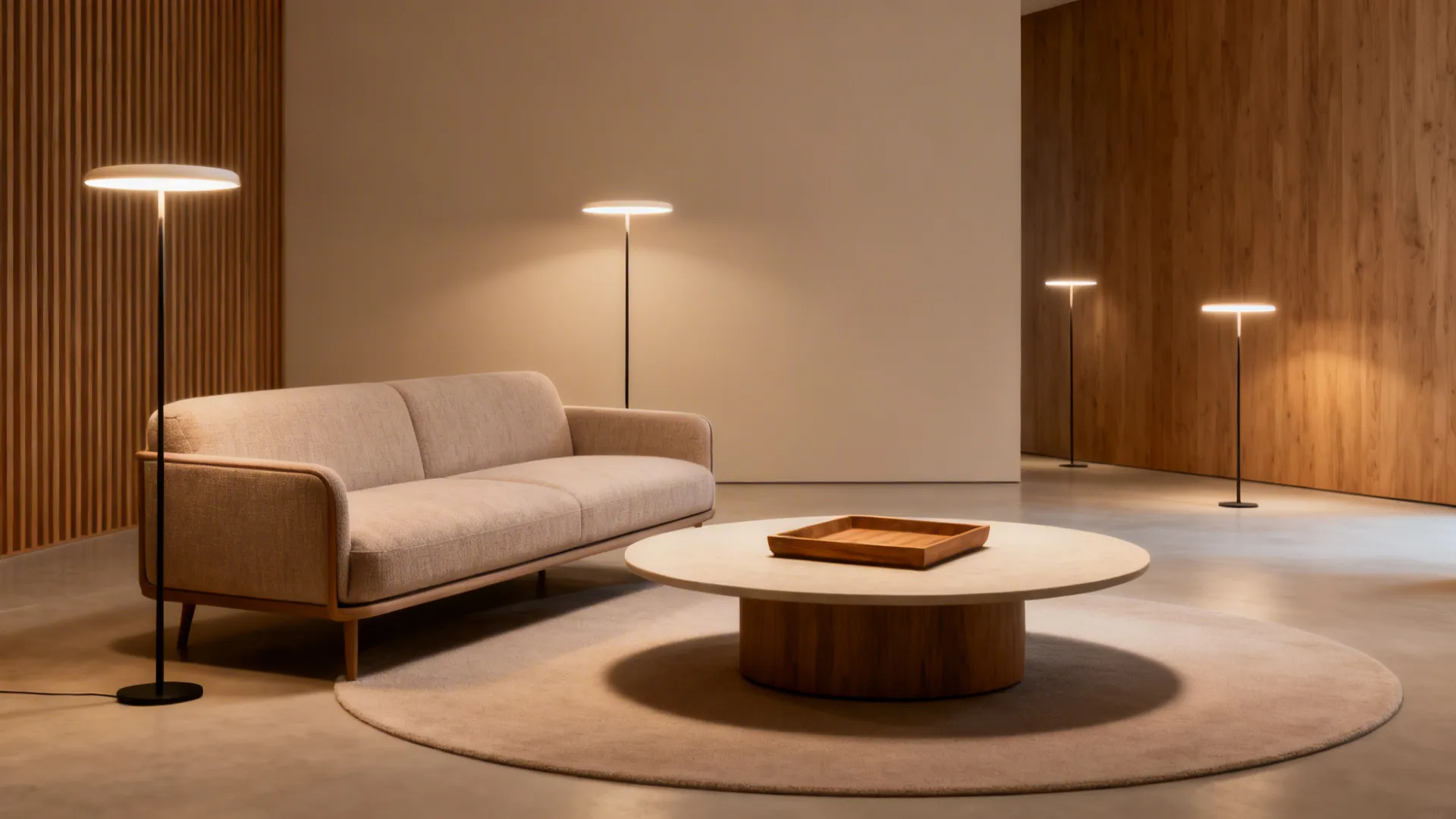 Slim sofa with a round coffee table and slender floor lamps creating open circulation.