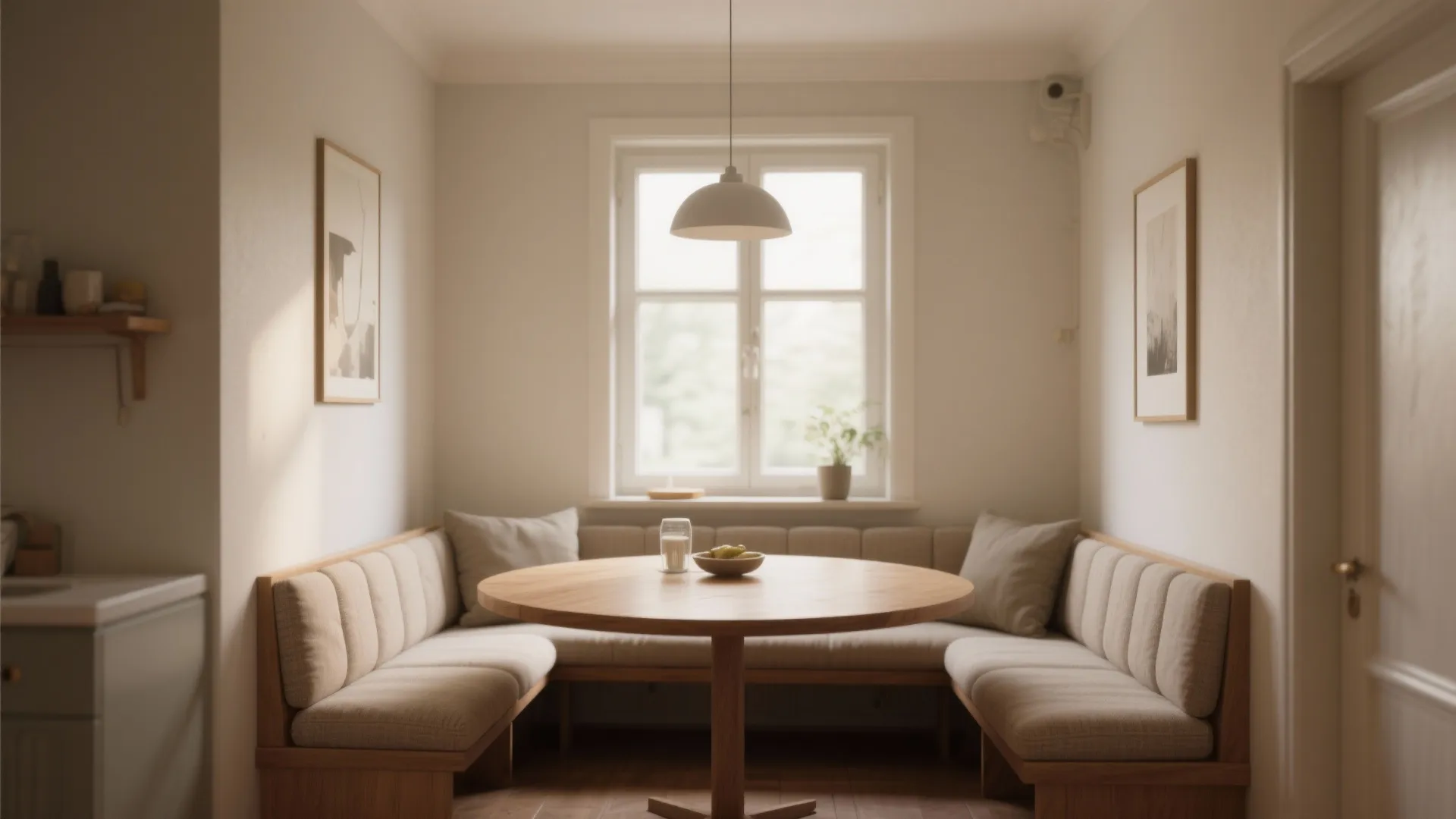 Small dining room with a round table and bench seating
