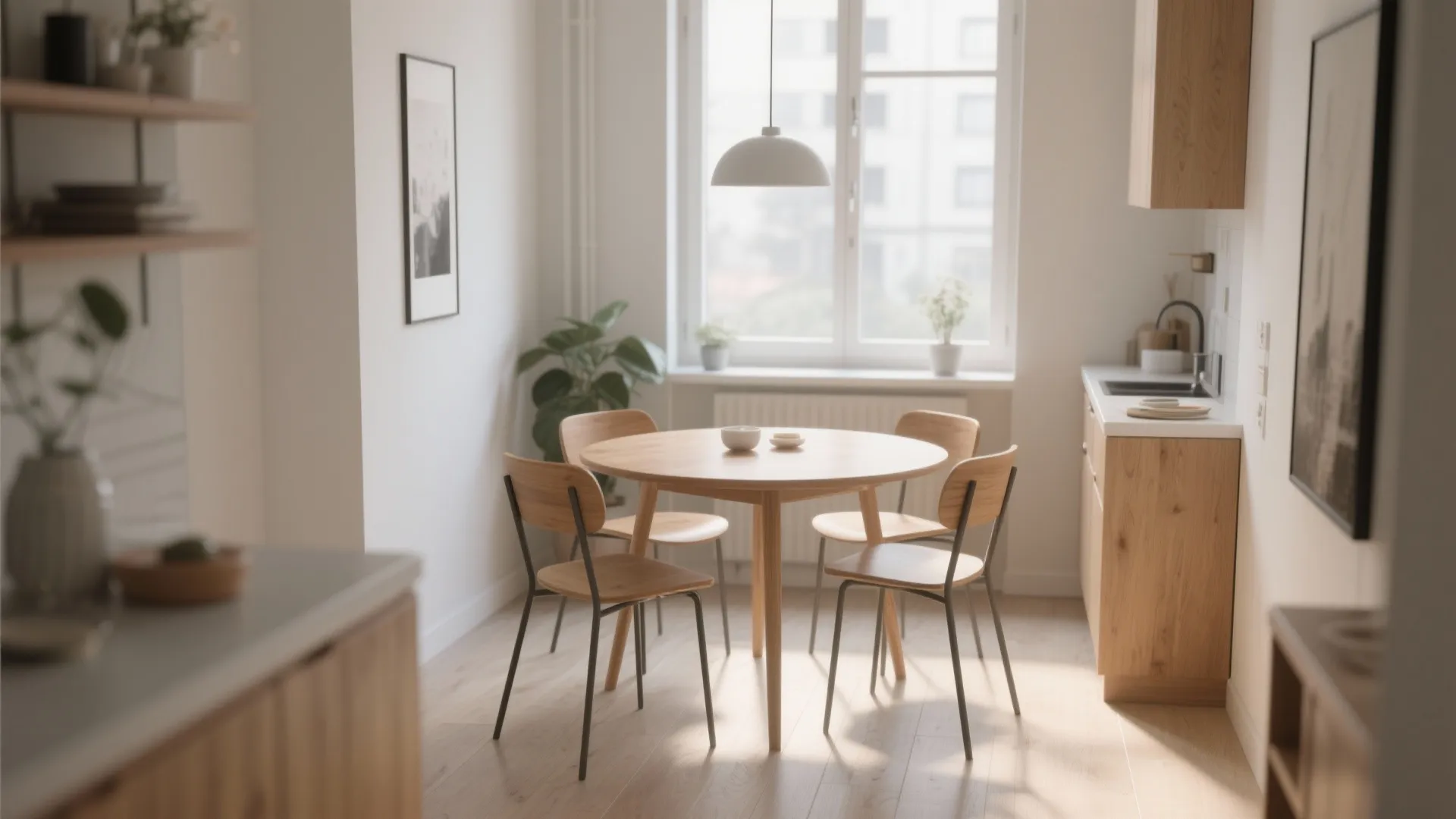 Small kitchen layout with round wooden dining table four chairs white walls and large bright window