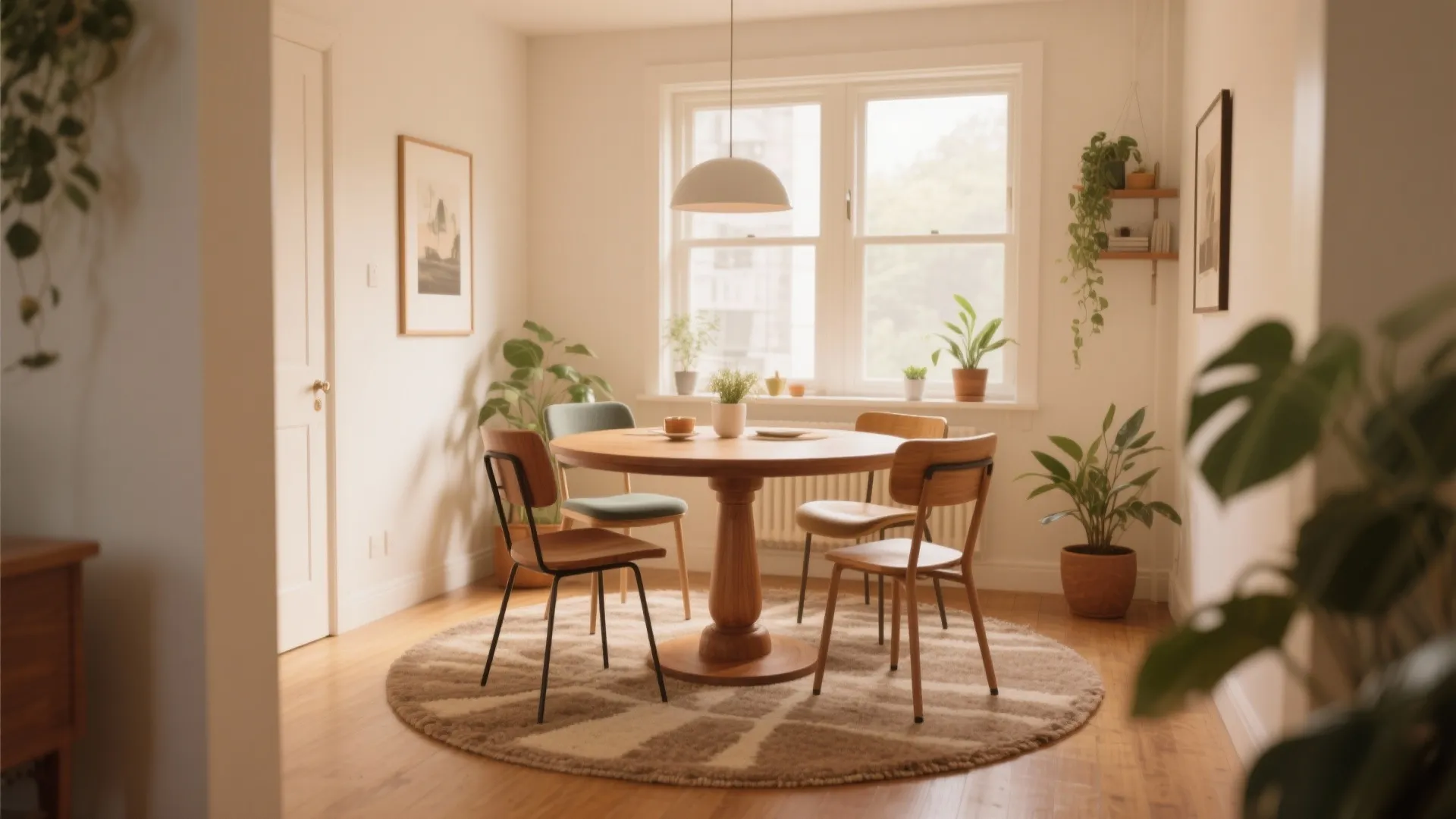 Round wooden pedestal table in a small dining space with inviting setup