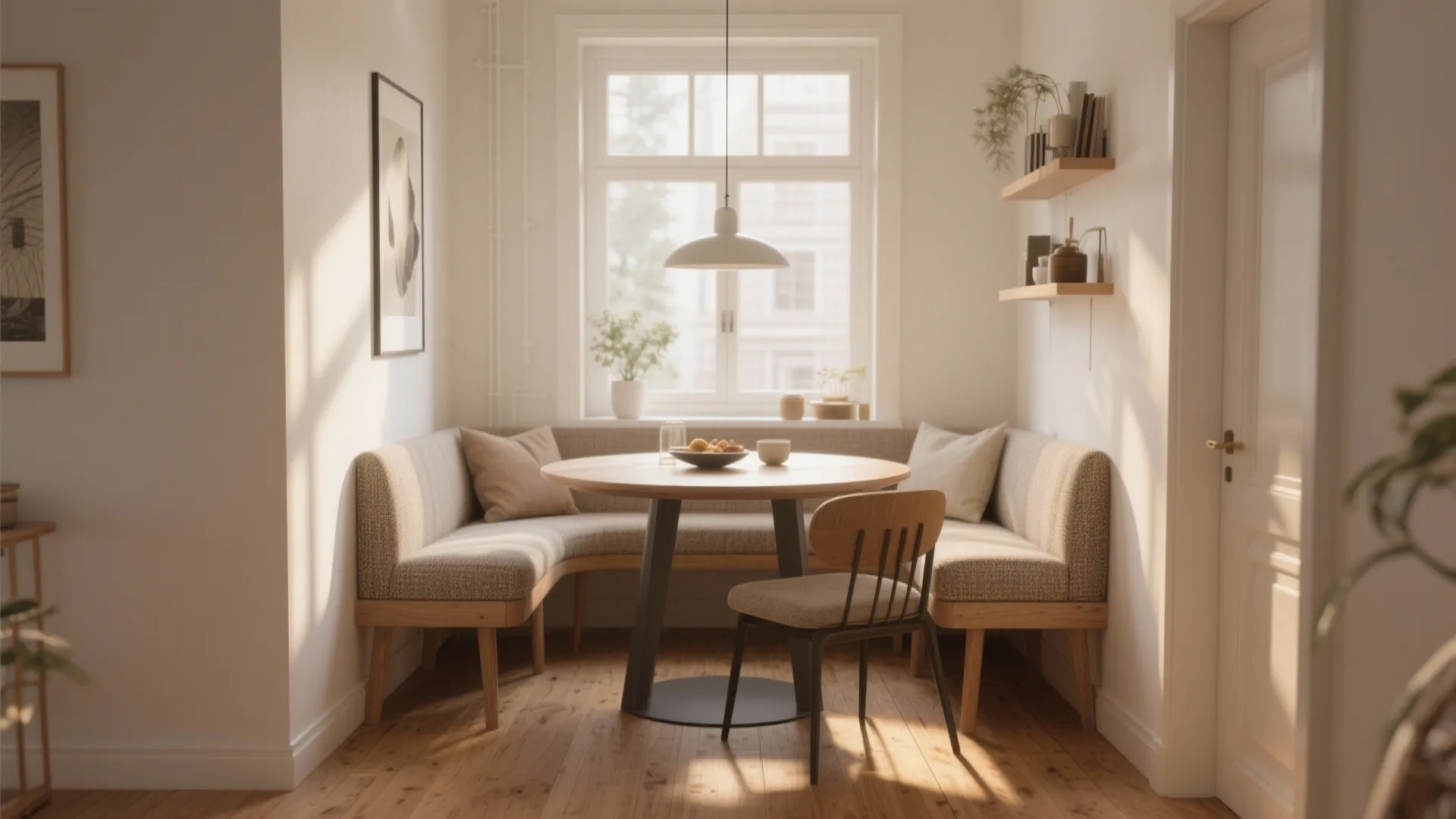 Small dining nook with round wooden table corner sofa bench and chair near a window