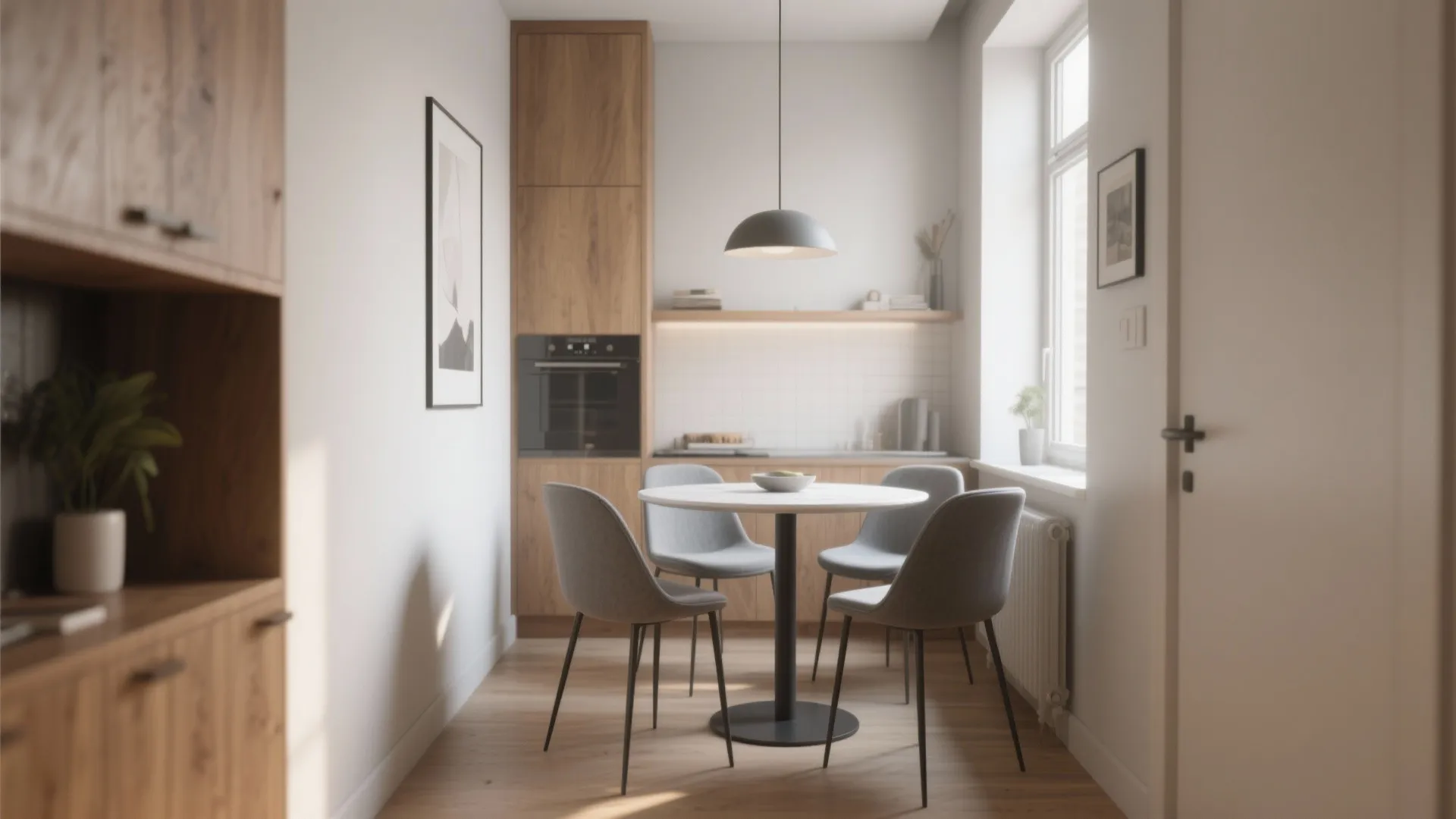 Small dining area with round white table four grey chairs and wooden kitchen cabinet design