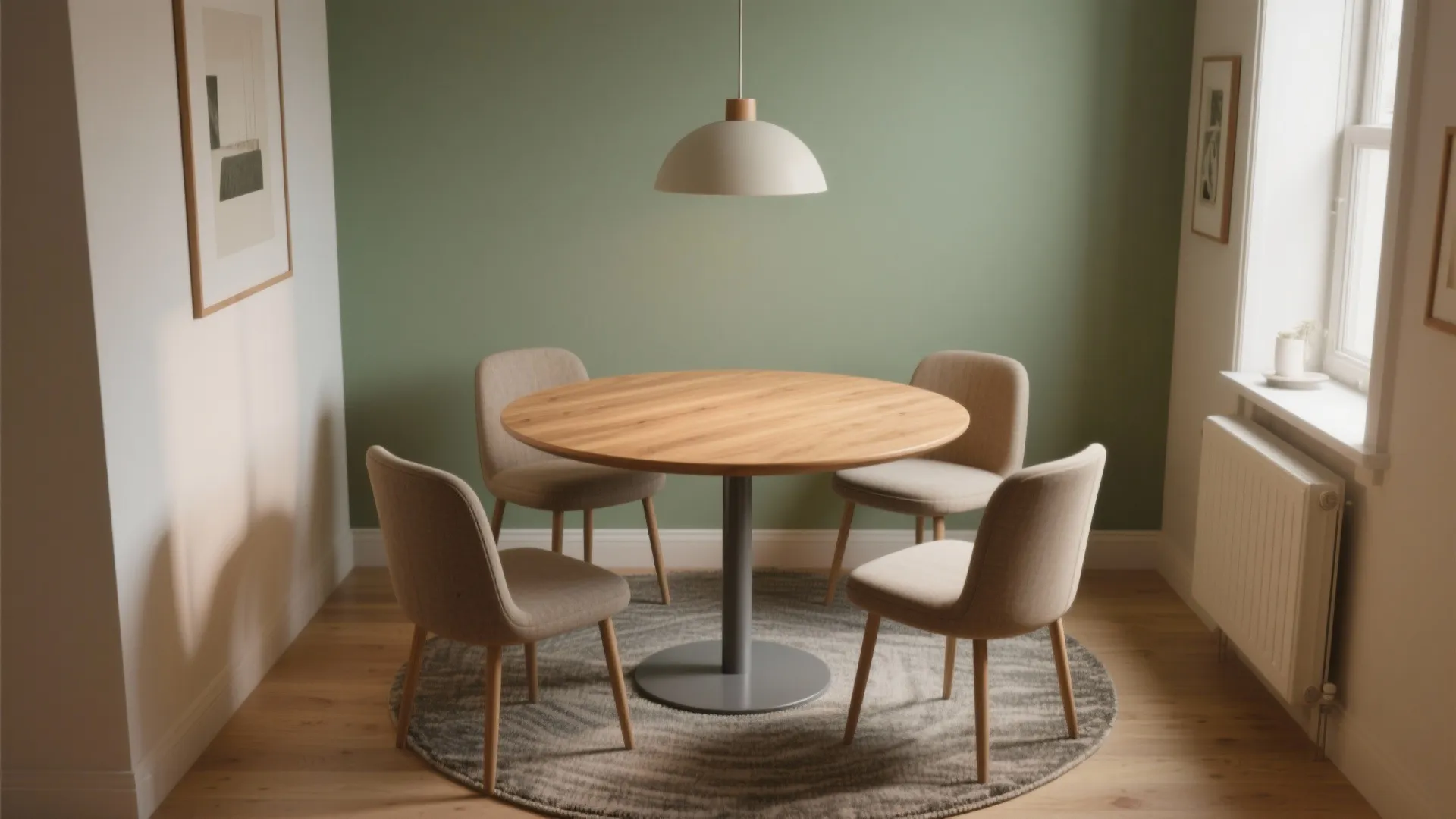 Round wooden dining table with four chairs against green wall and a white ceiling light