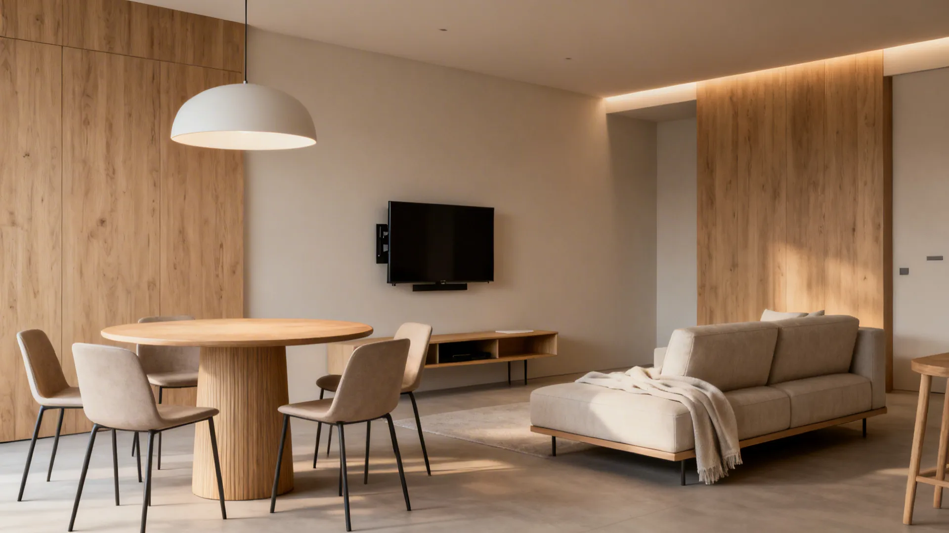 Compact round dining table next to a low two-seater sofa forming a combined dining and lounge area.