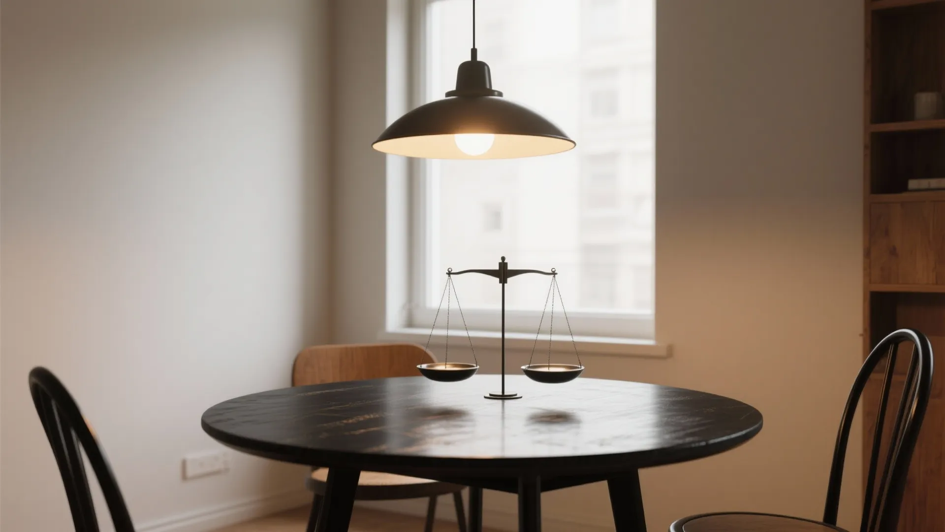 Minimal round black metal table under a centered pendant light creating a cozy dining nook.