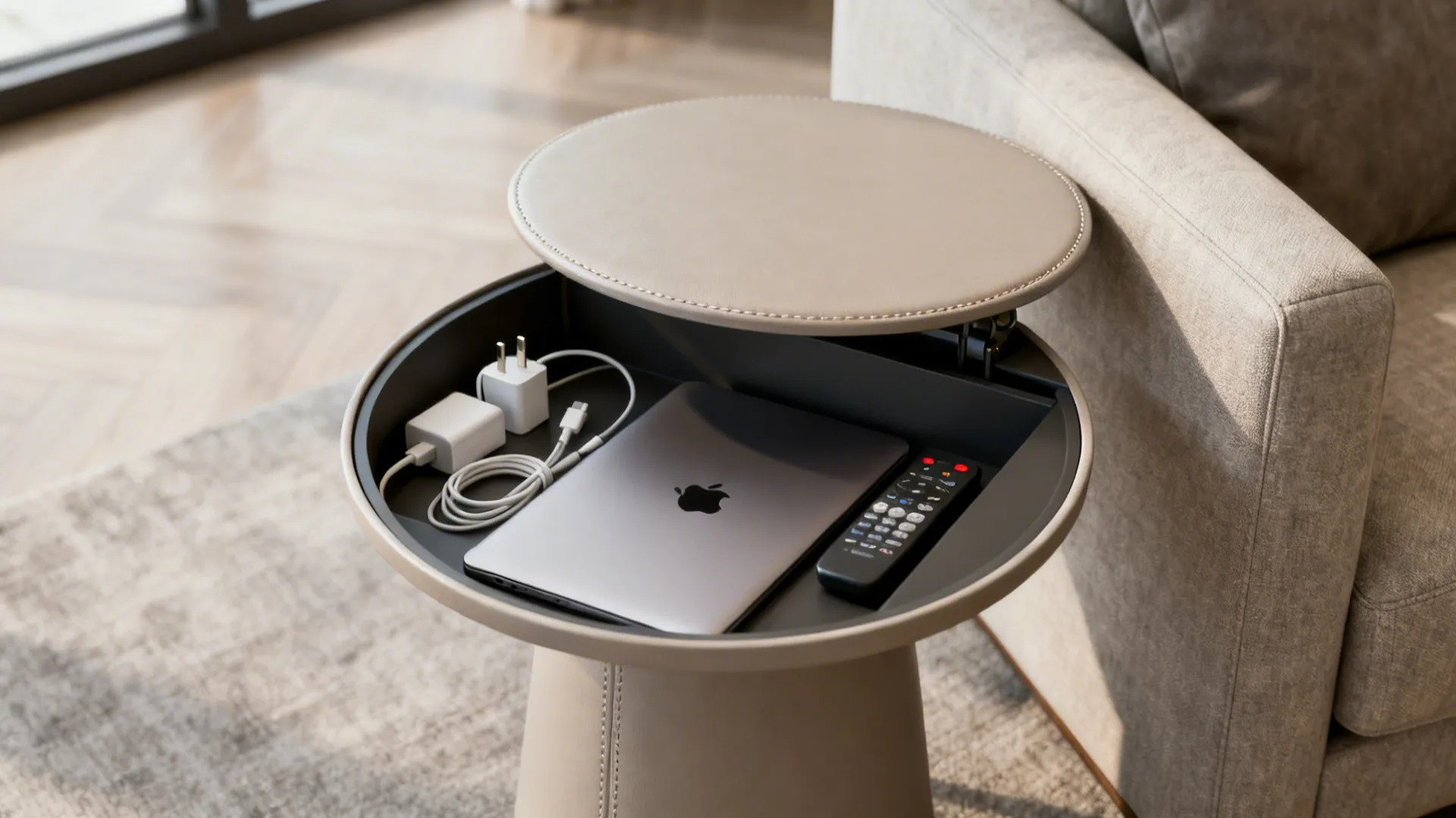 Round side table with a lift-top revealing hidden storage next to a sofa.