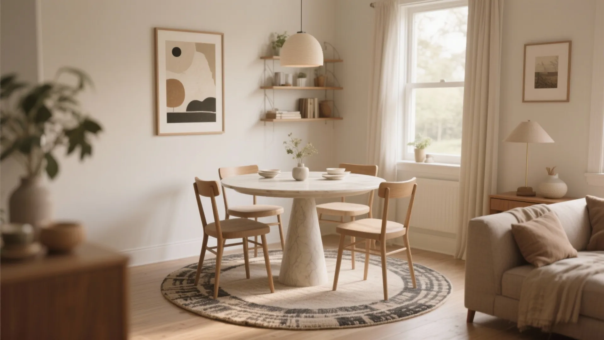 Round dining table styled with coordinated art, rug, and shelves