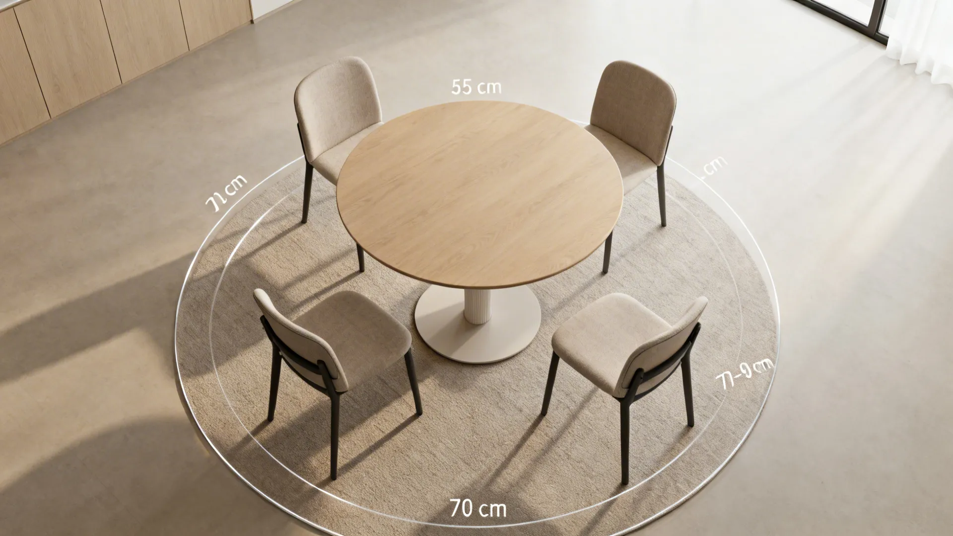 Top-down view showing clear circulation around an 85 cm round table with four chairs.