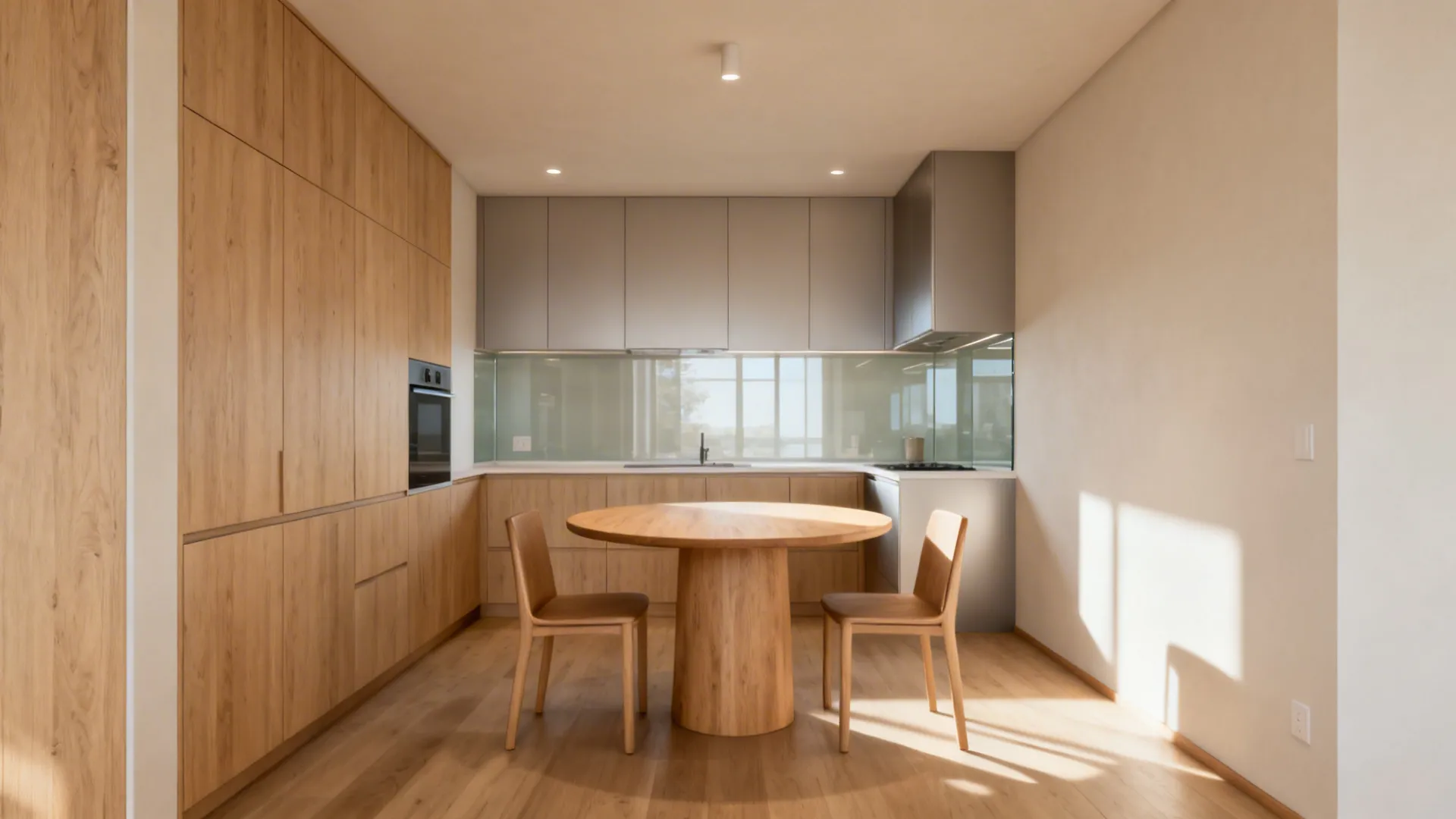 Compact kitchen with a 36-inch round table and clear circulation paths.