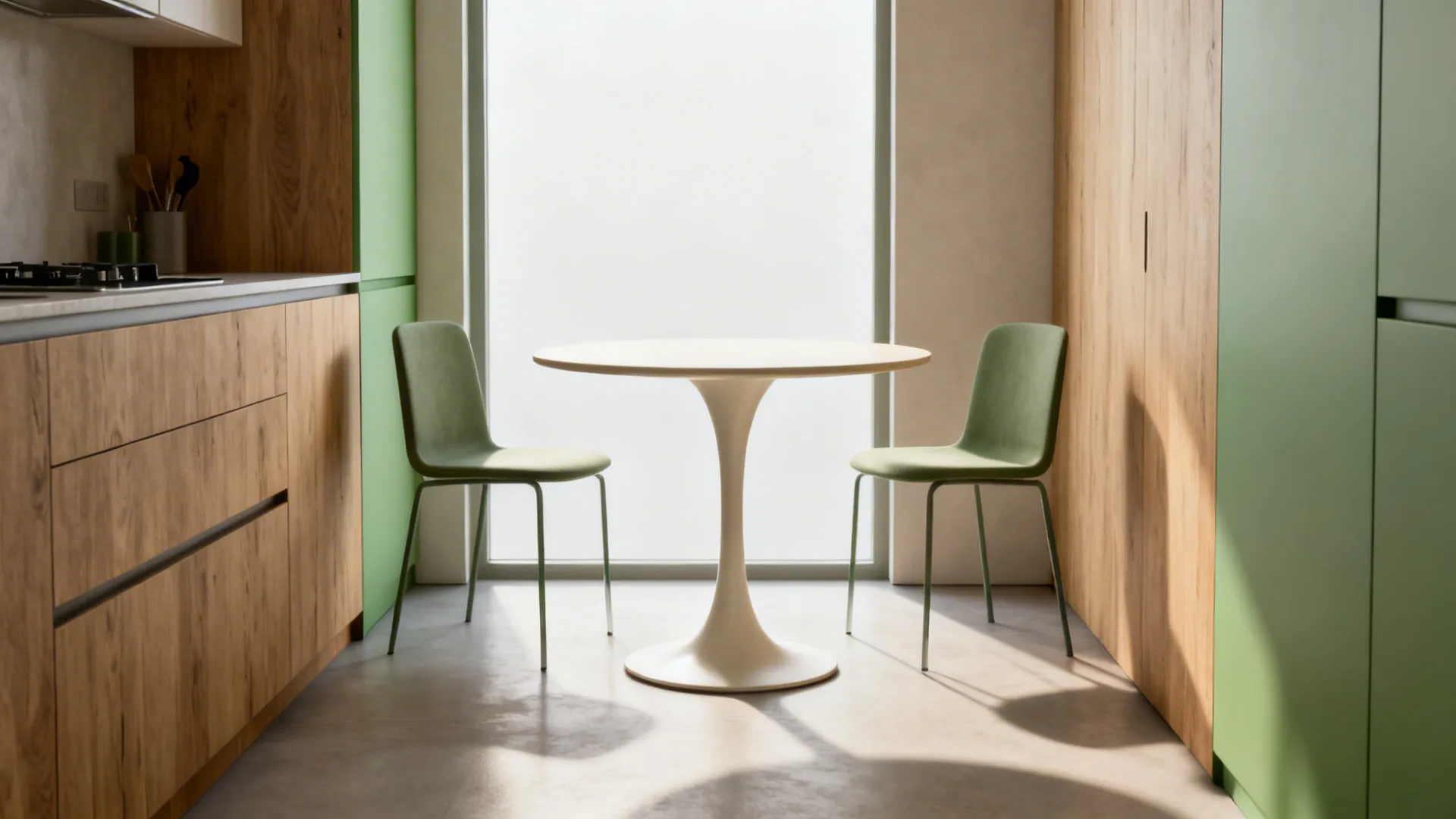 Small round tulip table improving traffic flow in a compact kitchen