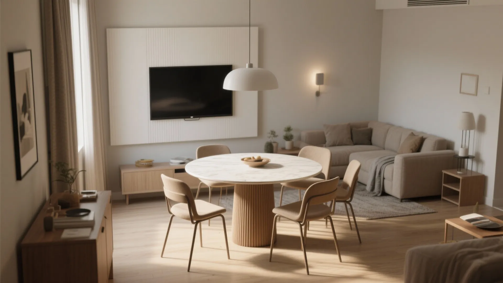 Round dining table + floating TV to soften circulation