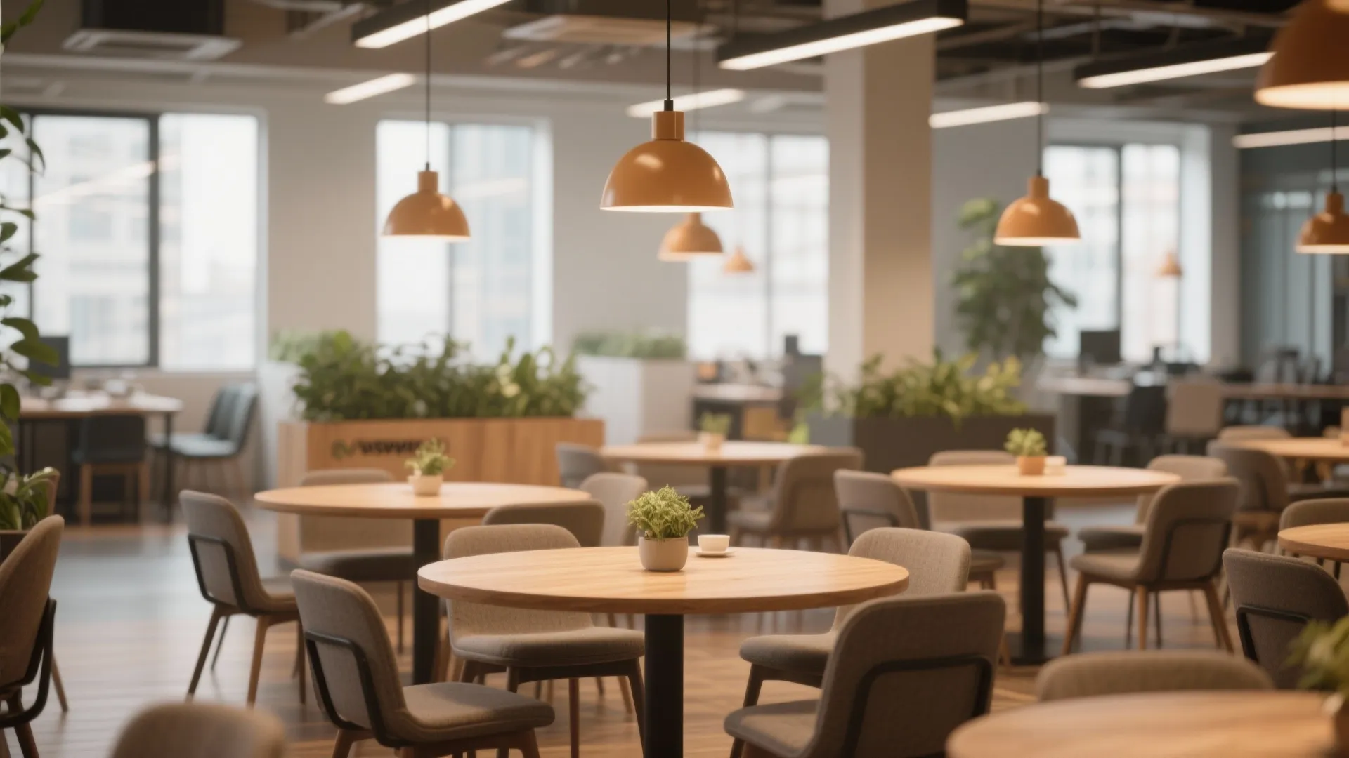 Office canteen with round tables and warm lighting for collaboration