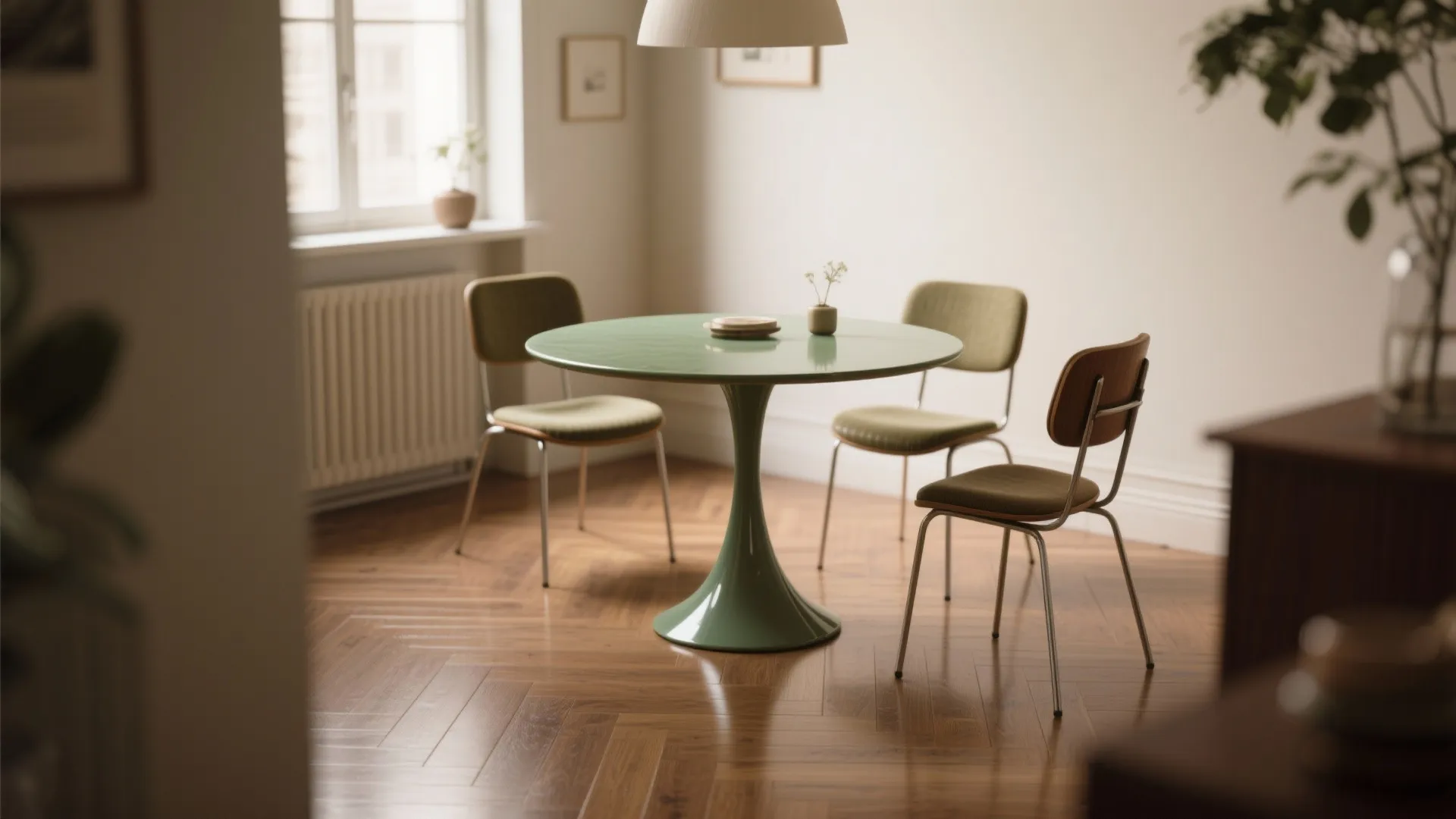 Small round green table with tapered legs and slim chairs in a compact dining nook