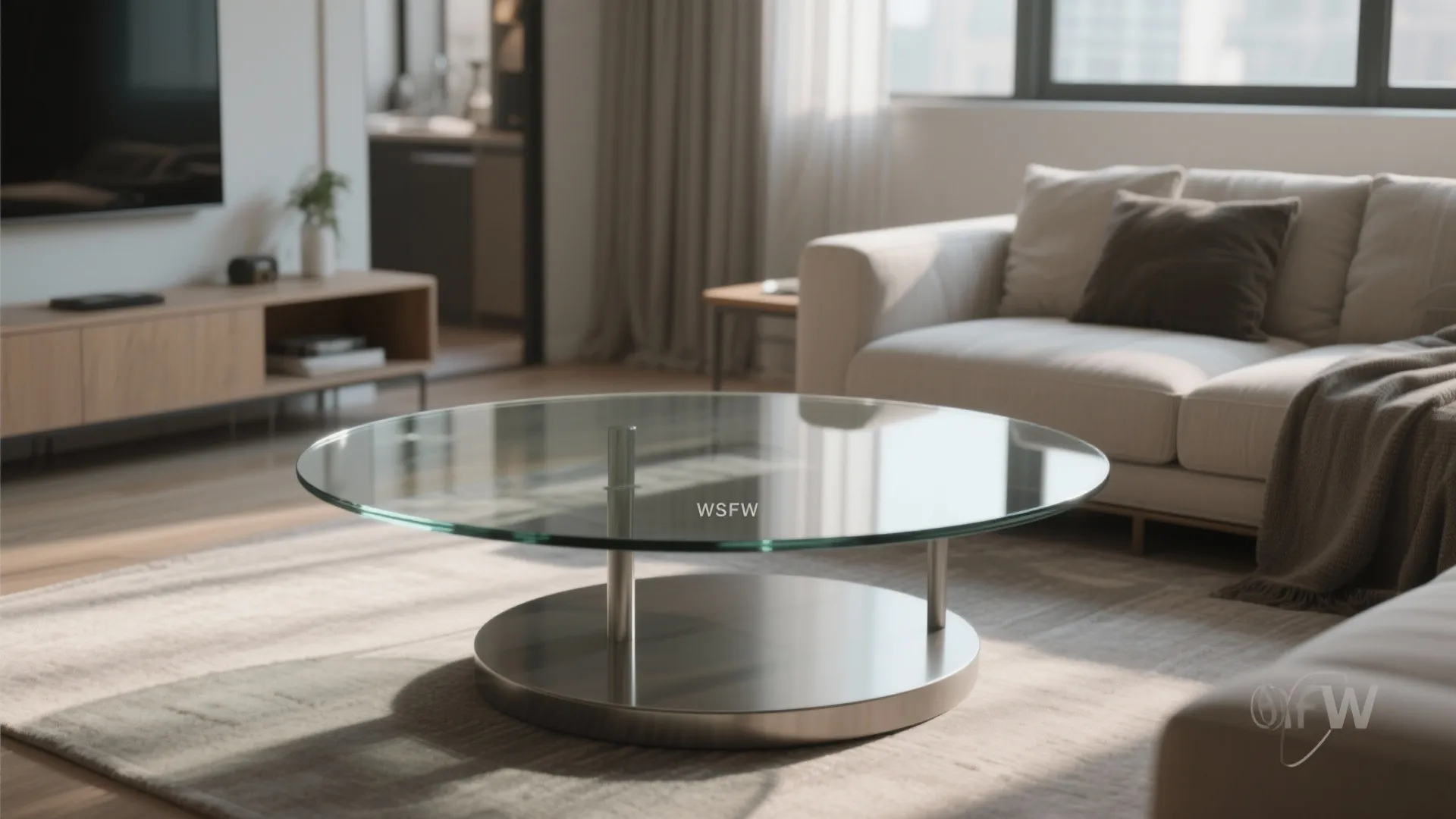 Compact living area with a round tempered glass coffee table that improves traffic flow.