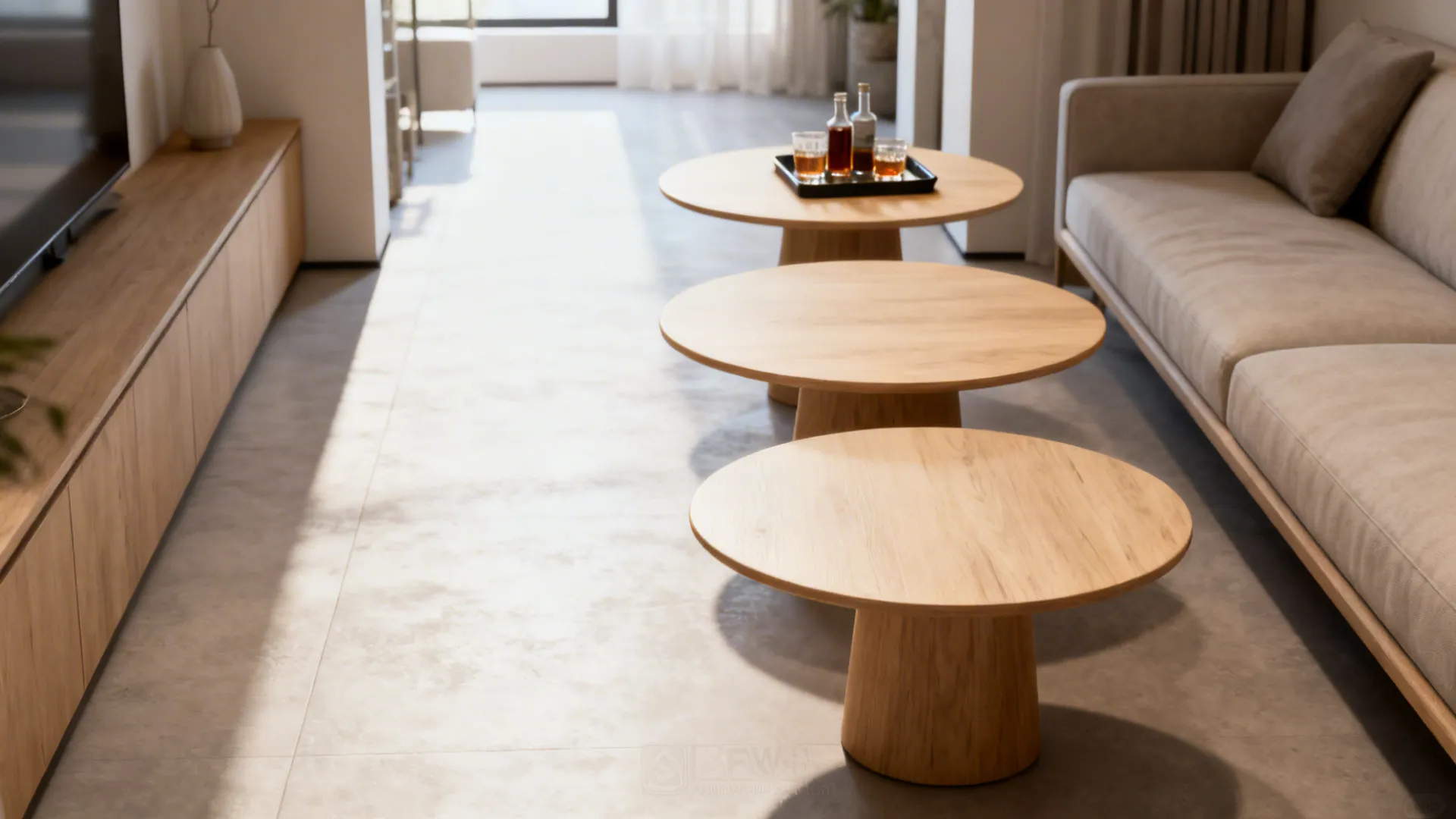 Narrow studio with a graduated set of three round light-wood tables improving circulation