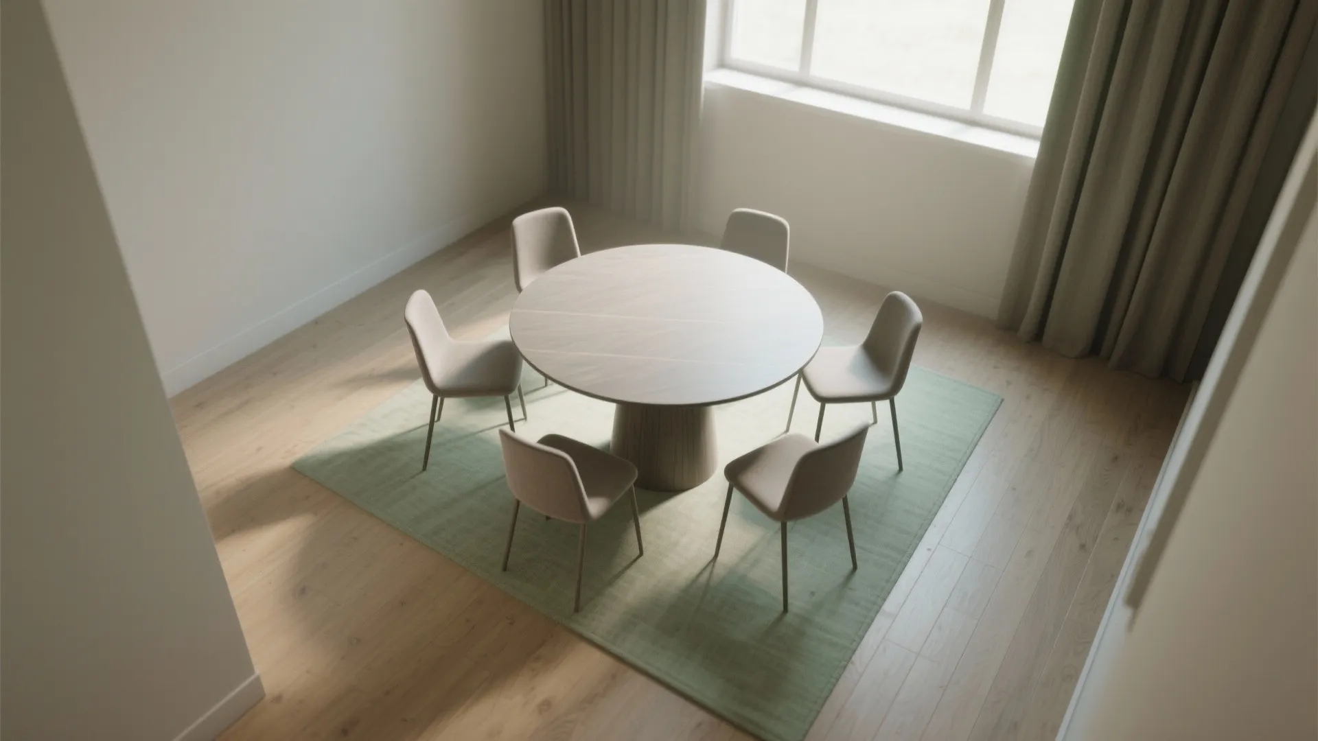 Round wooden dining table with six beige chairs on green rug and light wood floor