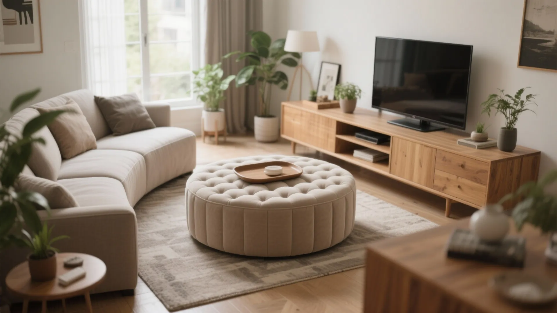 3) Round Tufted Ottomans to Soften Edges