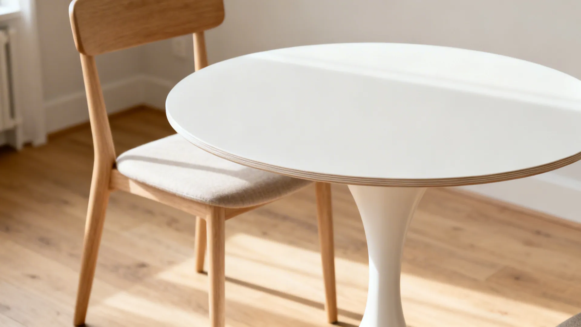Close-up of a white tulip pedestal base and matte round tabletop with soft daylight.