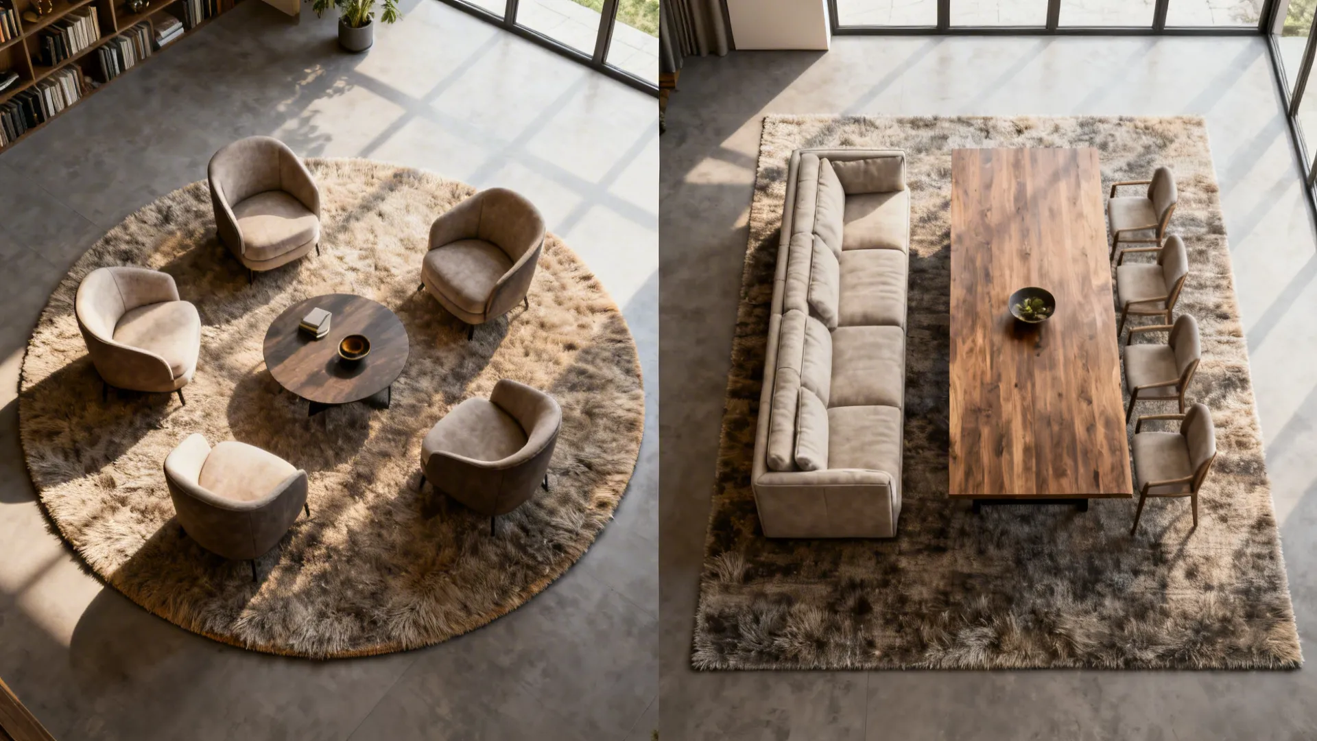 Side-by-side comparison of round and rectangular rugs showing how shape affects flow and intimacy.
