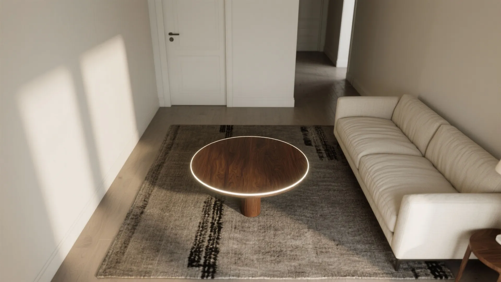 Round Walnut Table to Soften Traffic Paths