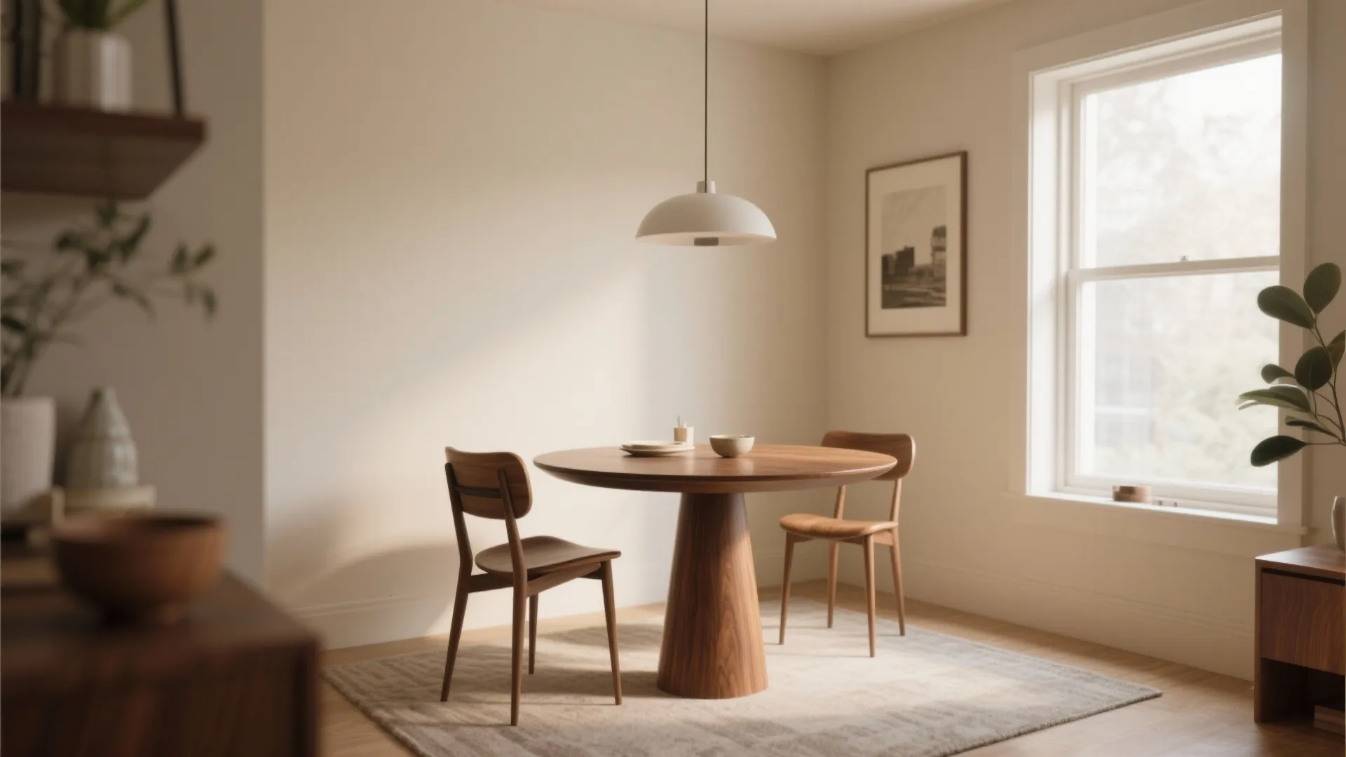 Minimalist round wooden dining table and chairs with white ceiling light in a bright room