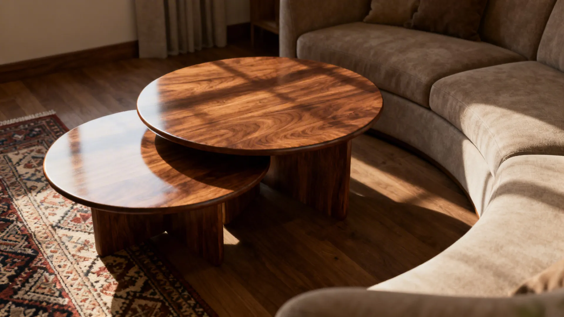 Two round wooden coffee tables on wood floor next to a curved sofa and patterned rug