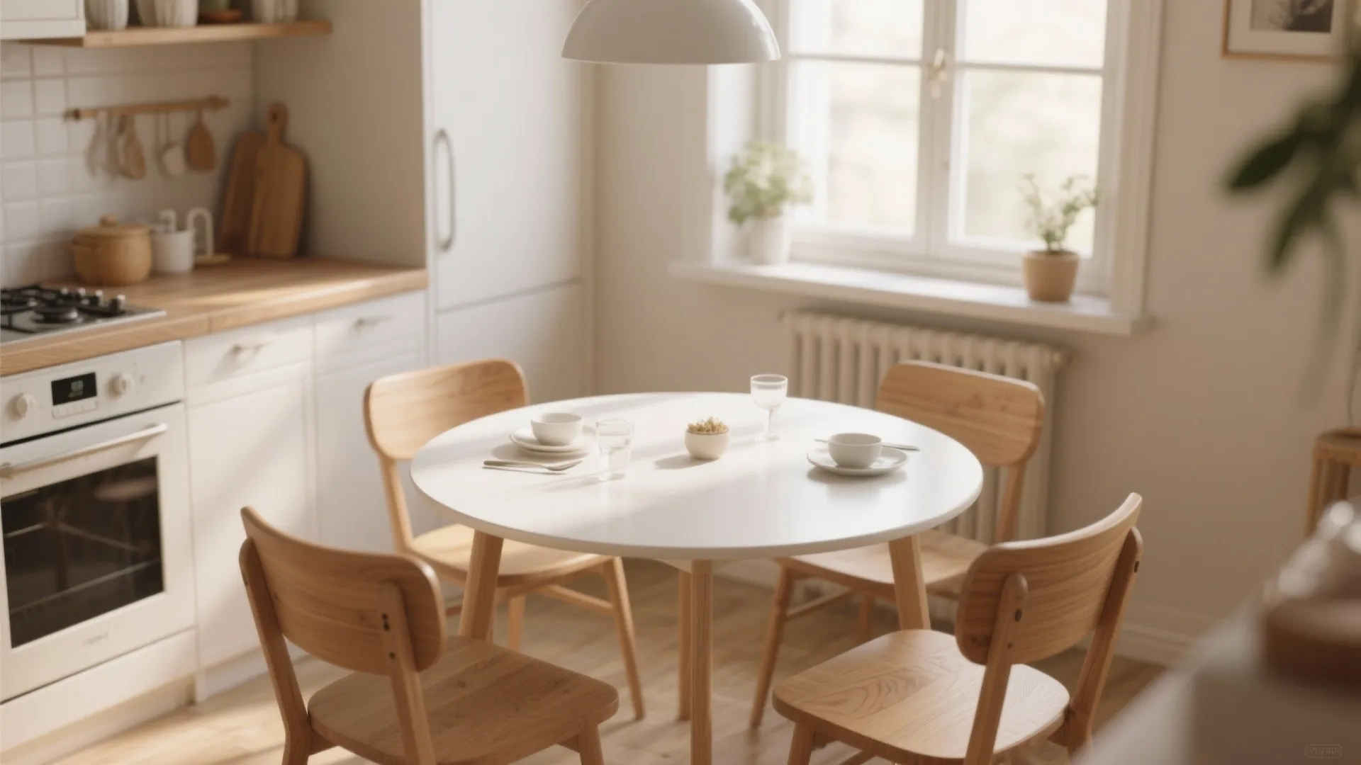 2. Round white oak table for conversational flow