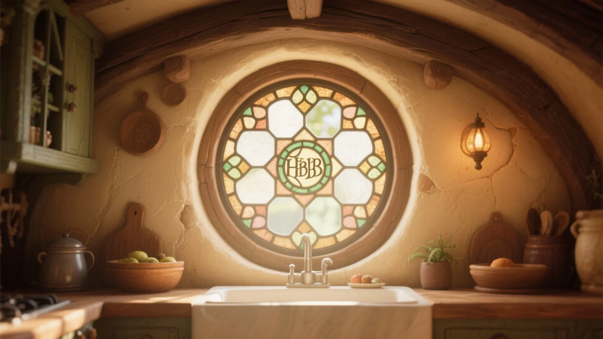 Rustic kitchen with a round stained glass window above a white sink and wooden counter