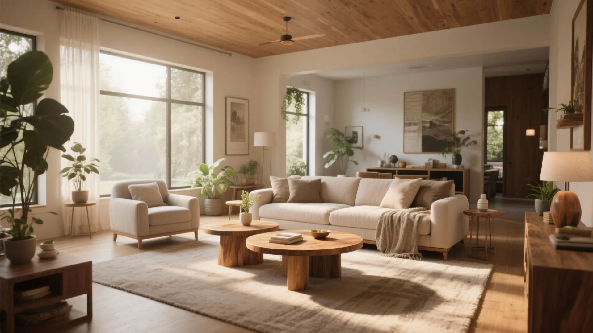 Round oak wooden accent tables in a warm modern living room