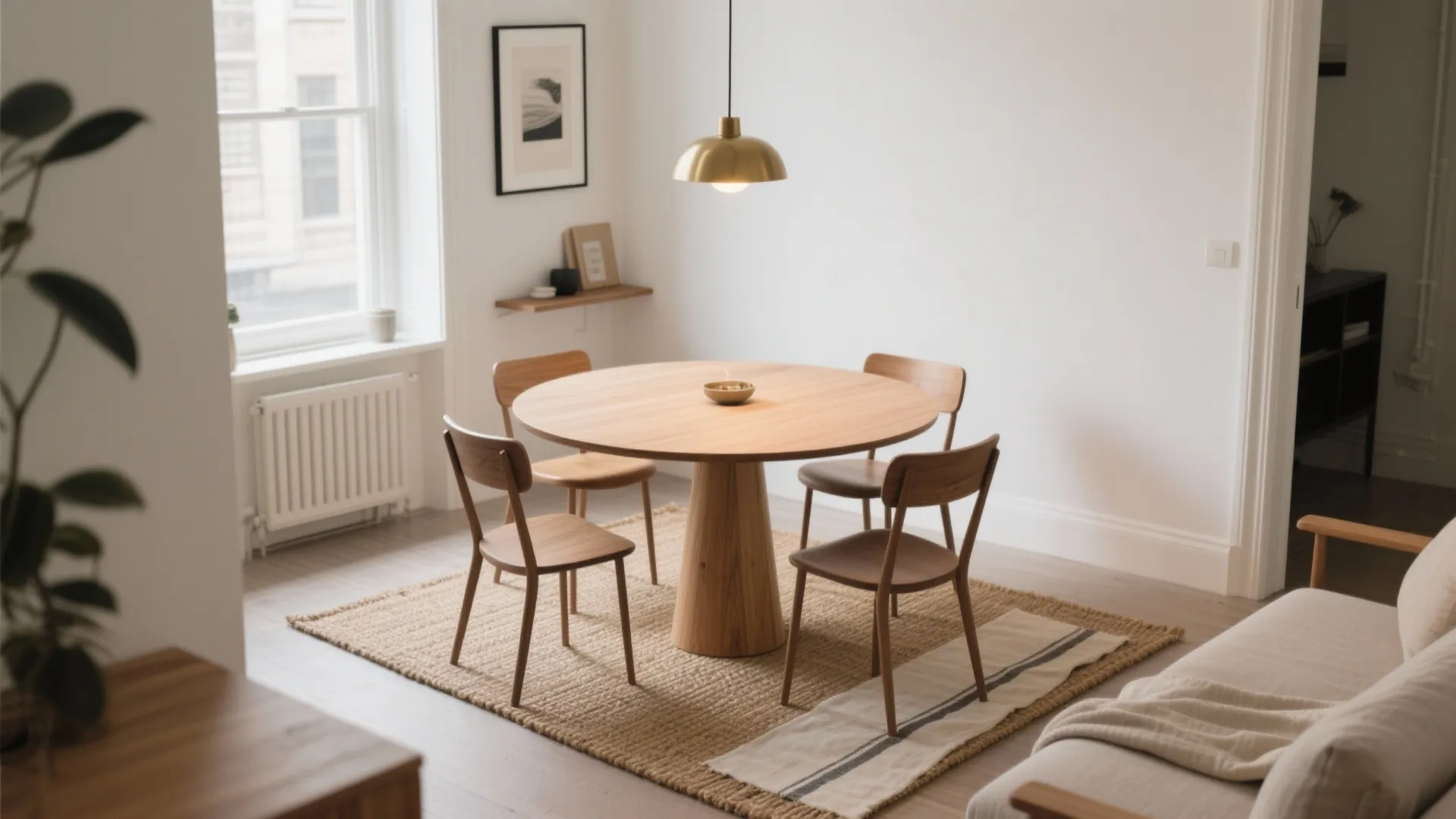Round Pedestal Table + Zone With a Rug and Pendant