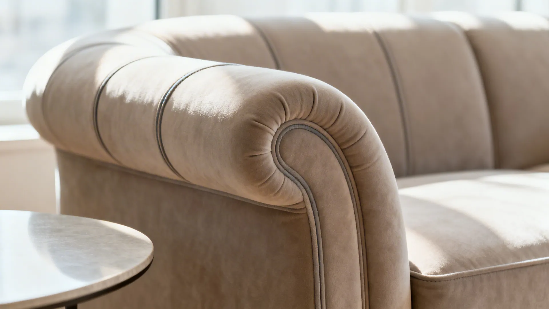 Close up of beige fabric sofa with rounded arms and detailed stitching in natural light