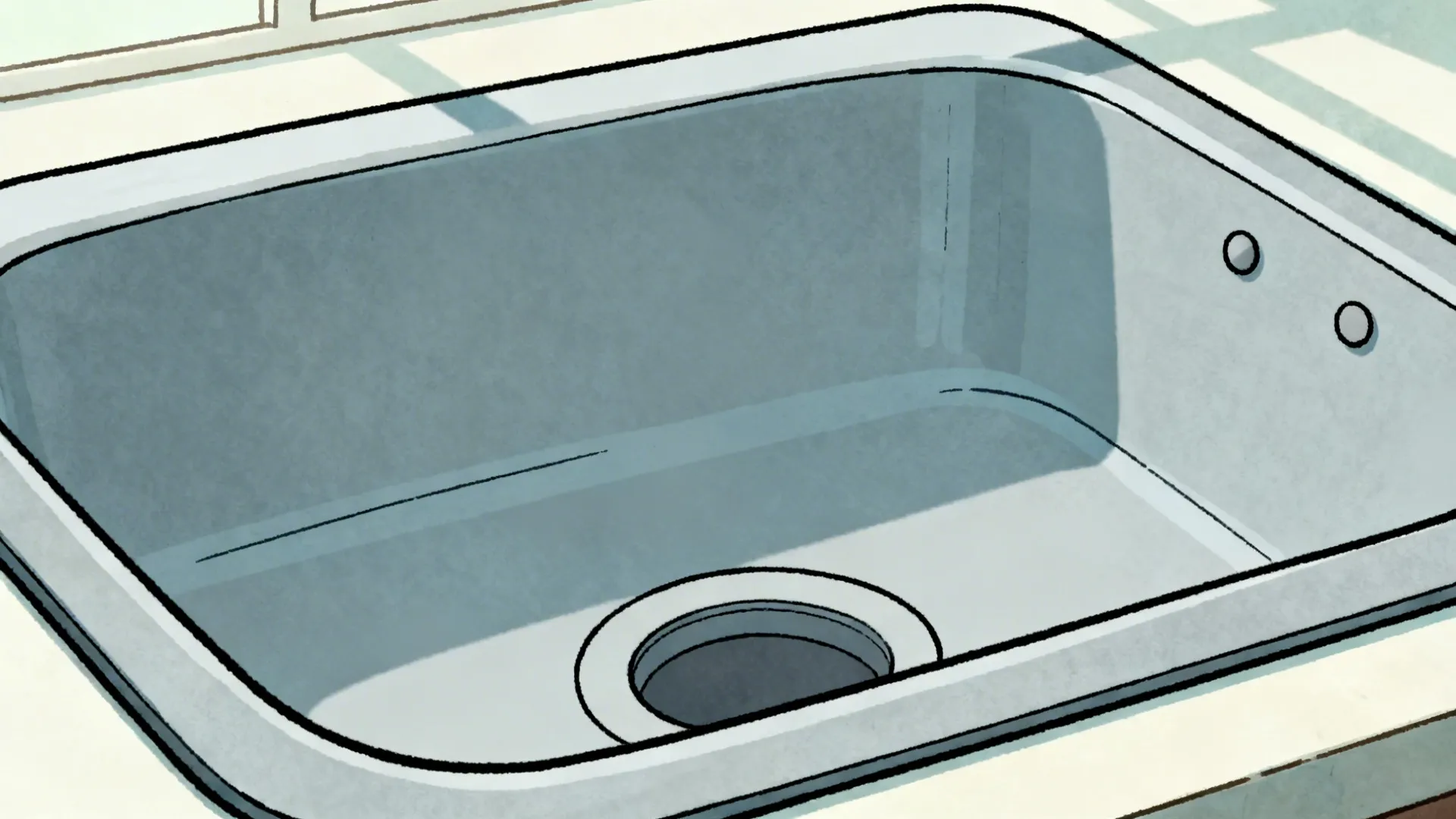 Macro view of a cartoon rounded-rectangle sink with bold outline and inner lip in cool gray.