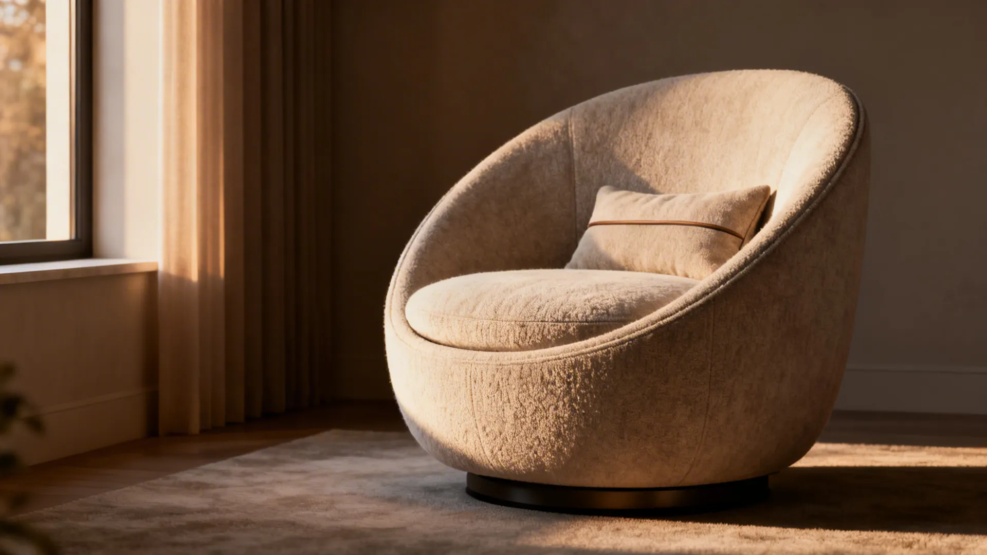 Rounded bucket swivel chair with plush cushioning and a thin lumbar pillow